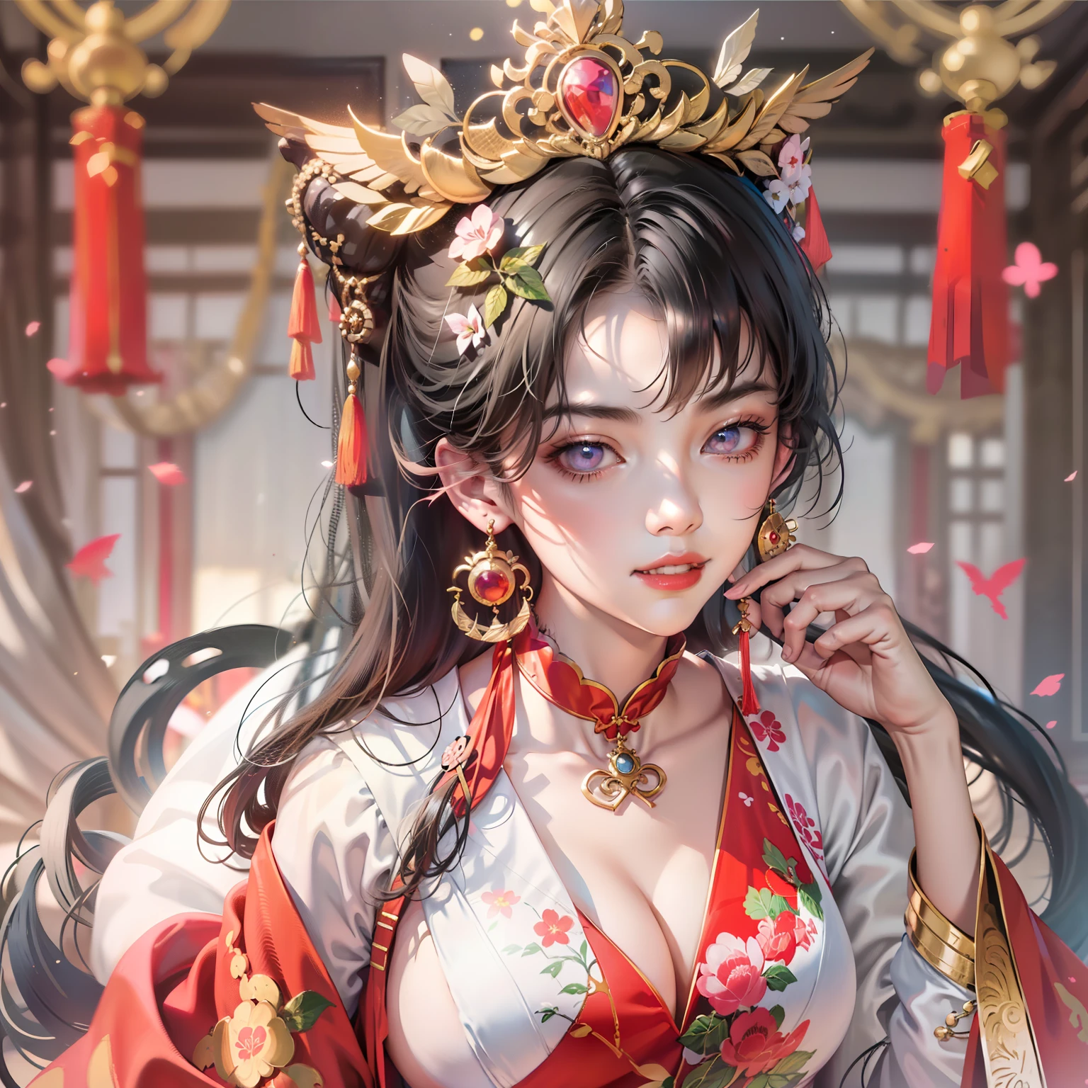 ung empress wearing a red lace top, a deep-breasted nightgown, a Chinese-style dress, an ancient costume with many phoenix patterns, a spotless pinkish-white face, a crown on her head, and hip-length black hair , very beautiful and sharp brown eyes, small red lips, painted lips, charming smile, jewelry worn around her neck, earrings, white and even teeth, high nose, big round breasts, the girl's body is full of substance greasy sperm, elongated legs, thin mesh black socks, portrait, most realistic, highest quality, best pixels, 8k ultra ,