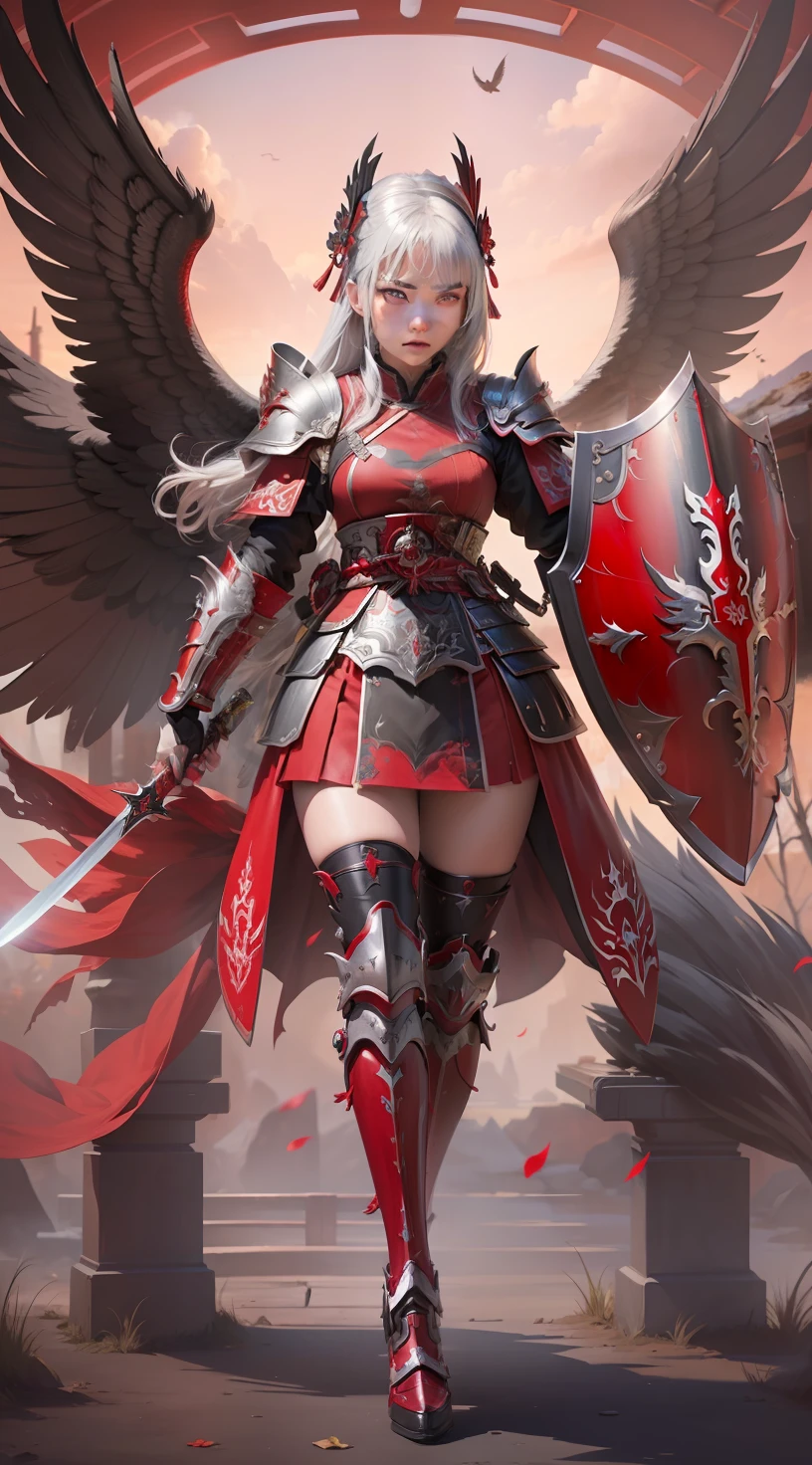 (best quality, masterpiece:1.1), (realistic:1.4), 1girl, beatifull face, silver hair, dark red medium sword in right hand, red and black heavy shield in left hand, shogun armor, using shogun helm, red and black 6 wings, ultra detailing