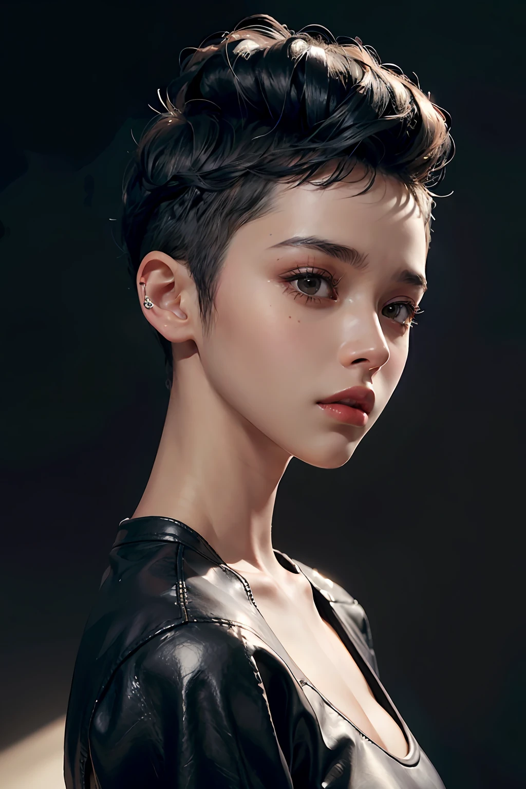 a 30 yo woman,(hi-top fade:1.3),long hair,dark theme, soothing tones, muted colors, high contrast, (natural skin texture, hyperrealism, soft light, sharp),