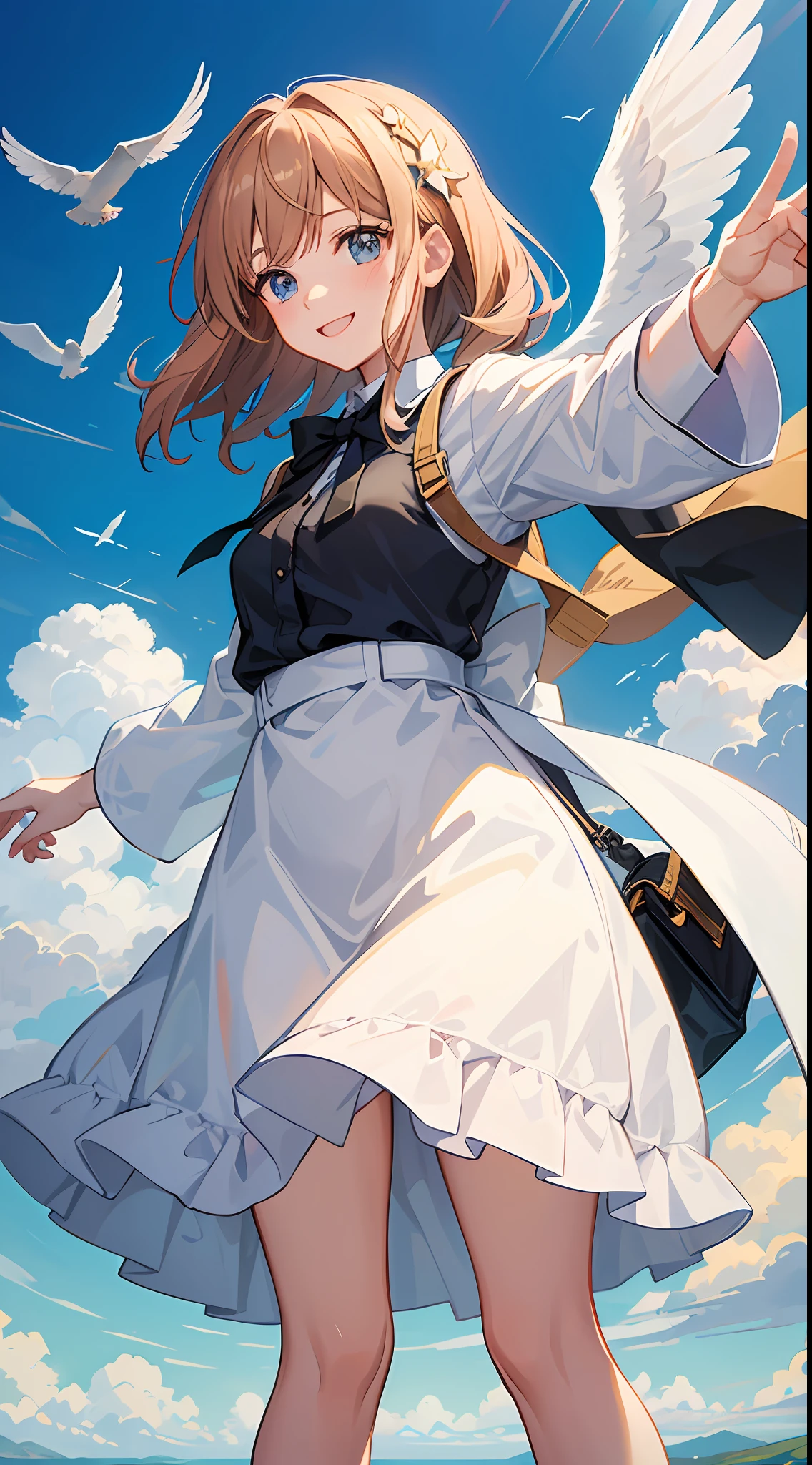 Random girl, An angel, smiling, flies in the sky, below the plains, details of clouds and birds