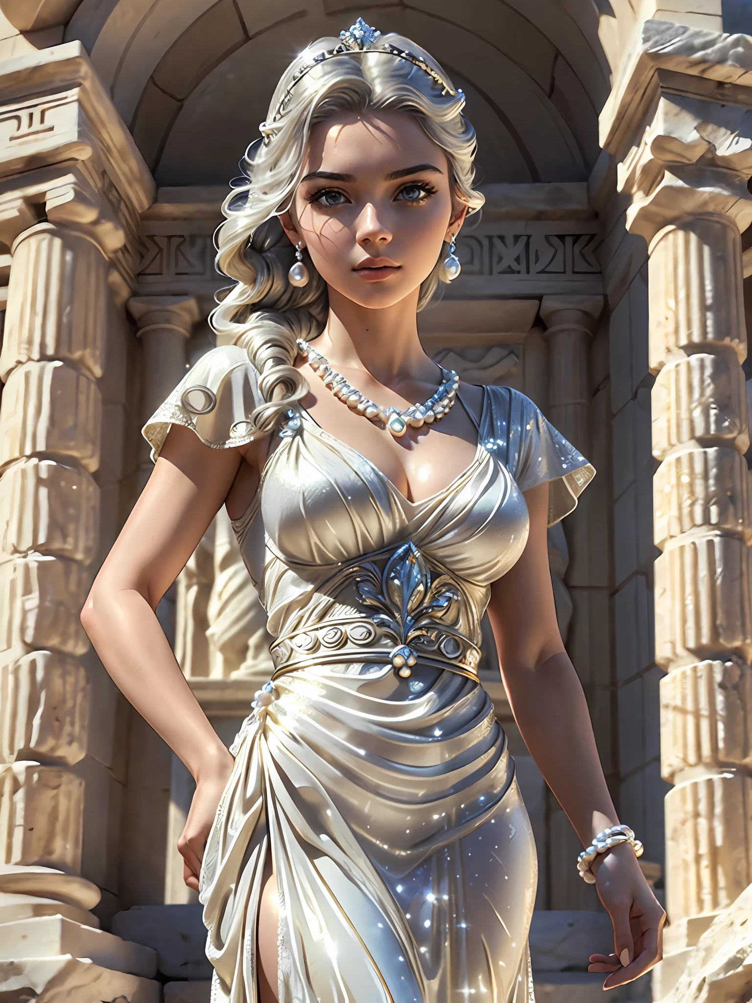 (masterpiece), (best quality), ((ultra-detailed)), (highly detailed analog style photo), natural lighting, photorealistic, extremely beautiful young lady in the marble rocks, dramatic pose, intricate detailed silver glittering ancient greek style pearl dress, shining, gloss, crisp, flirty, epic, focus, artistic, very bright, intricate hairstyle, pattern, bas-relief, cinematic shot