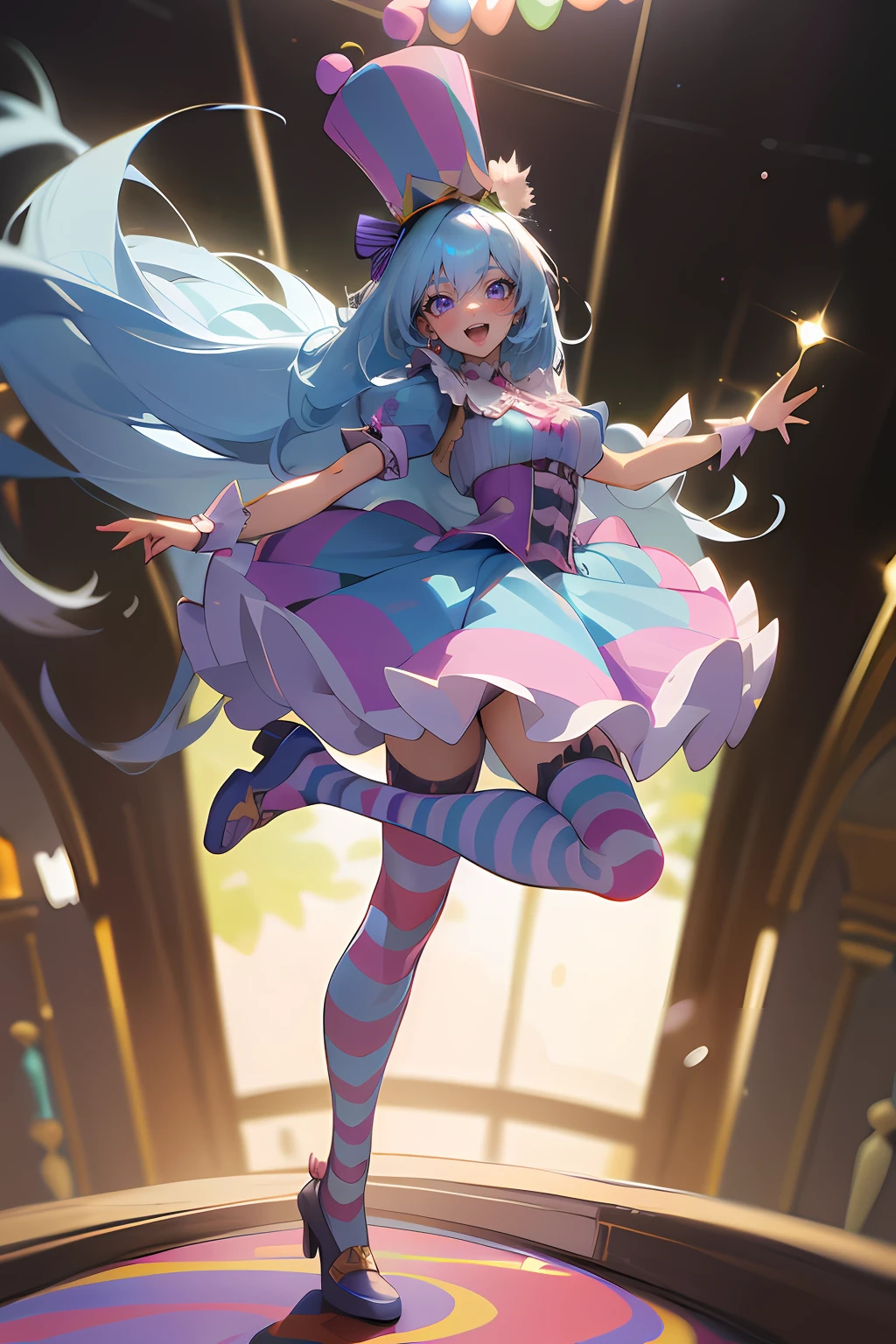 (masterpiece, best quality), intricate details, 8k, sharp focus, (bokeh) (best quality) (detailed skin:1.3) (intricate details) (8k) (detailed eyes) (anime) (perfect face) light blue hair, purple eyes, happy, very long hair, straight hair, dynamic pose, busty, energetic, fun, circus, colourful, clown, bright, excited, full body, dress, striped stockings, hat