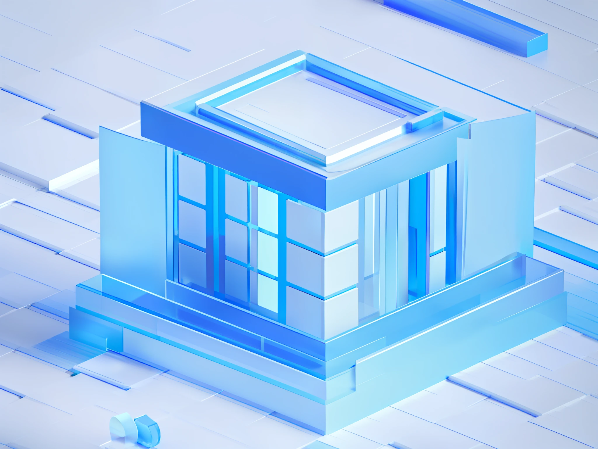 There is a shop in blue and white on a blue and white background, The store consists of many cubes, There is a plaque on the top of the store with the words "Zhongyi",The base is a regular square,More white space around the isometric style, 3d isometric, prerendered isometric graphics, isometric 8k, geometric 3 d render,high definition detail