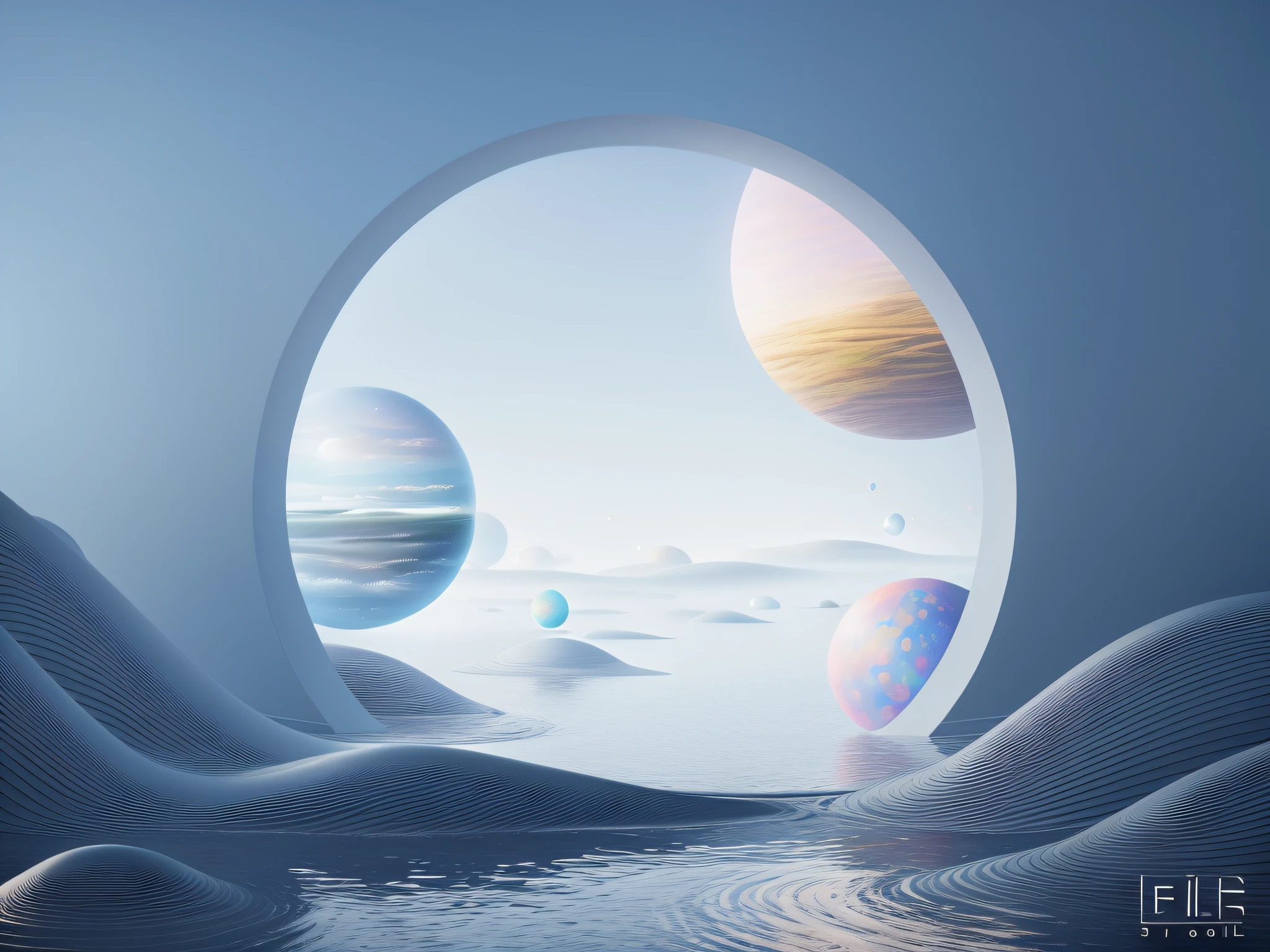 There is a large circle, surreal 3 d render, Surrealism 8k, otherworldly visuals, in a surreal dream landscape, floating spheres and shapes, a surreal dream landscape, hyperrealistic compositions, 3 d render beeple, surreal dreamscape, digital art render, in the art style of filip hodas, dreamlike surrealism