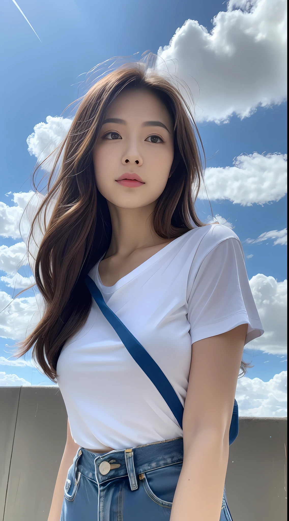 (In the daytime, Need, 8K, tmasterpiece:1.3)), full bodyesbian, Long legs, perfect figure beautiful woman:1.4, Slim abs:1.1, ((Dark brown hair, middlebreast:1.2 )), (white tight t-shirt, Denim suspenders, standing on your feet:1.2), ((城市, with blue sky and white clouds:1.3)), Highly detailed facial and skin texture, A detailed eye, 二重まぶた，Flying long hair，（above waist，Hide your hands：1.3）