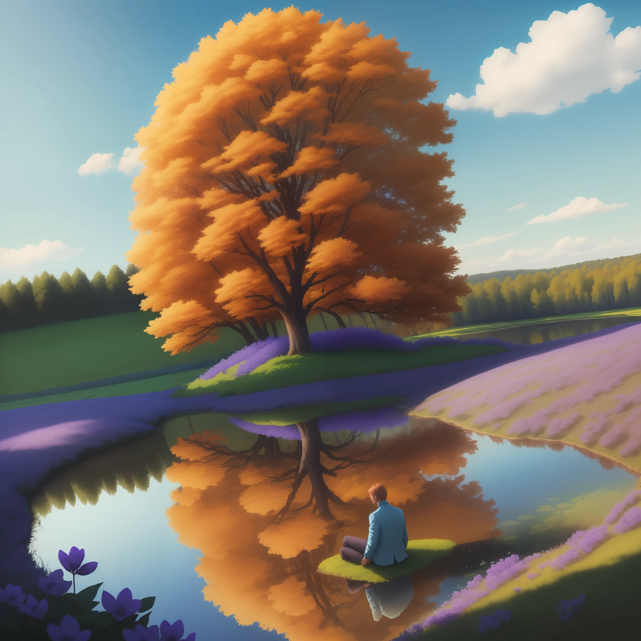 A Tree on hill, tree with lots of leaf, man sit alone, man in peace, blue sky, lots of grass, violet flowers, orange flowers, crystal flowers, dispersal flowers in prairie, 8K, realistic, sunshine in corner of picture, little lake among prairie, reflection in water,
