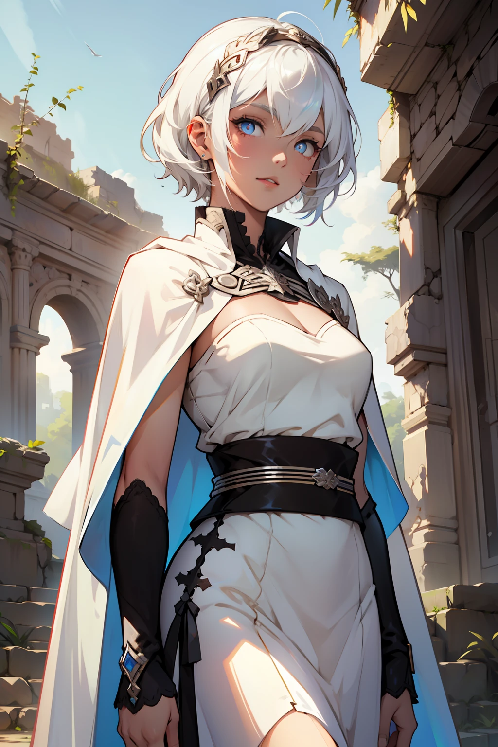 (Best quality at best),Detailed ruins ruins background,Beautiful female doll,with short white hair,Iridescent pupils,Wears a silver-white cape,The face is delicate