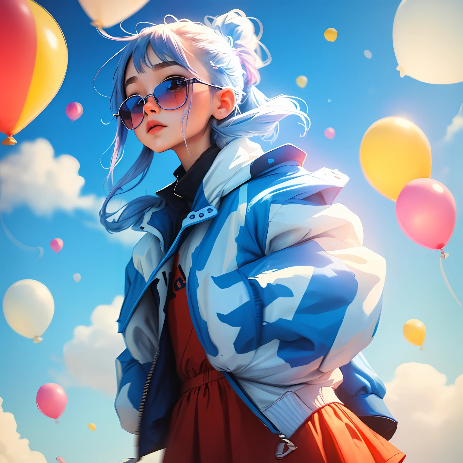 Loli girl, beautiful and cute, wearing blue sunglasses, yellow jacket, white sweatshirt, lots of colorful balloons, baby face, chibi style, red and blue two-color hair, ponytail braided hair, perfect detail eyes, delicate face, perfect CG, HD picture quality, colorful balloons, sky,