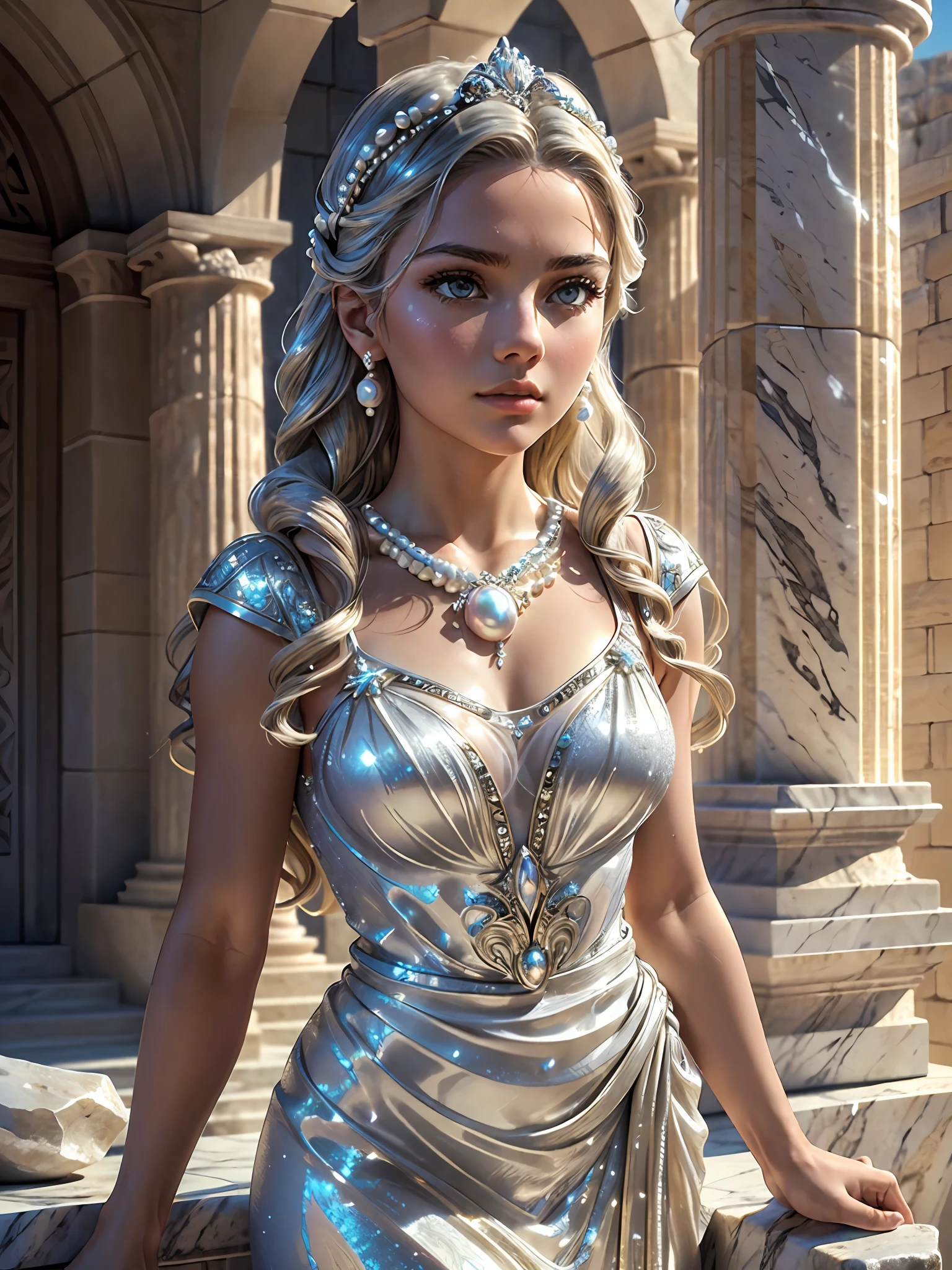 (masterpiece), (best quality), ((ultra-detailed)), (highly detailed analog style photo), natural lighting, photorealistic, extremely beautiful young lady in the marble rocks, dramatic pose, intricate detailed silver glittering ancient greek style pearl dress, shining, gloss, crisp, flirty, epic, focus, artistic, very bright, intricate hairstyle, pattern, bas-relief, cinematic shot