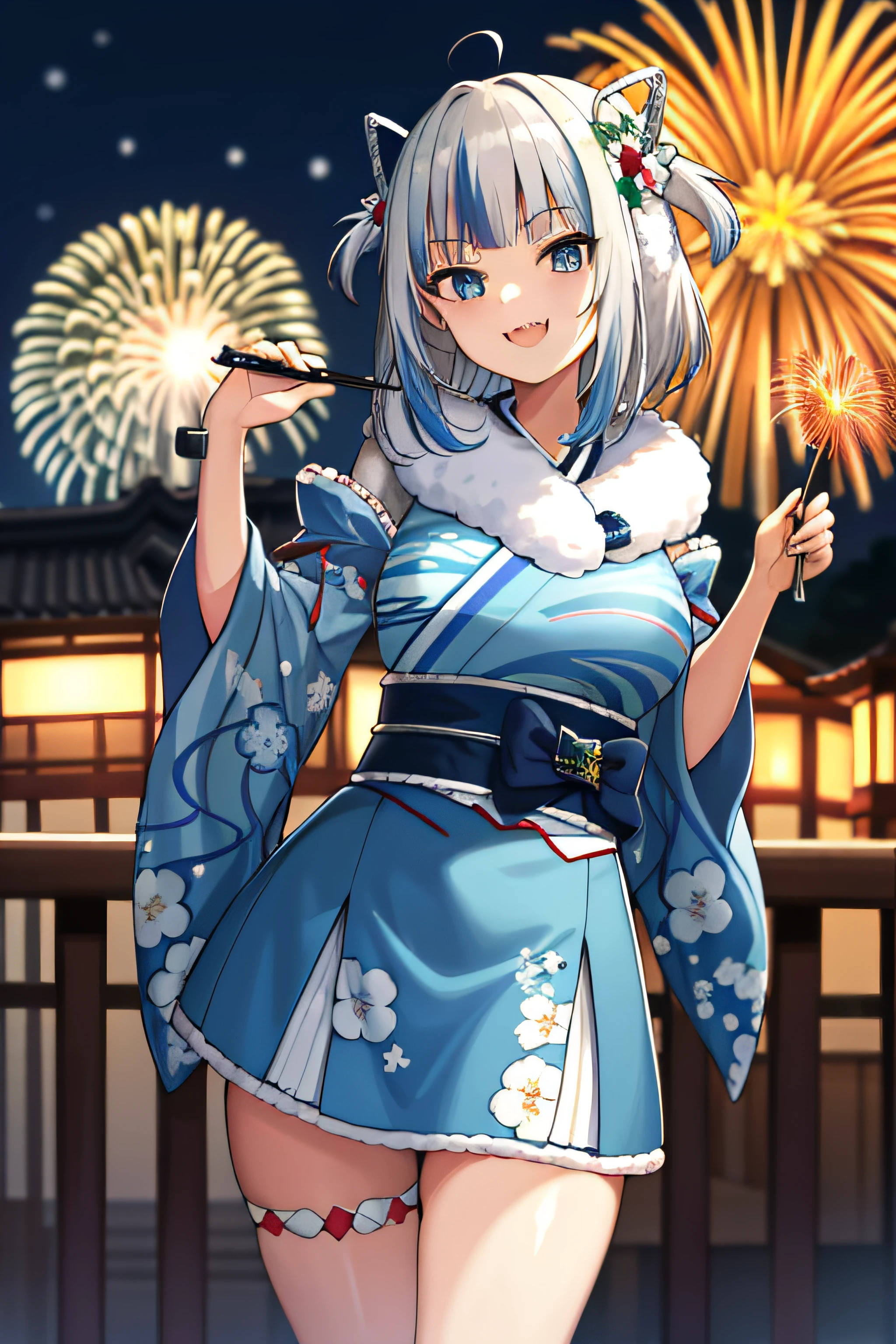 2D, Masterpiece, Best quality, anime big breast, Highly detailed, full bodyesbian, 1girll, Solo, Gura_komono, blue kimono, Fur collar, Smile, Sharp teeth, standing, japanese town, new year, Fireworks, Night