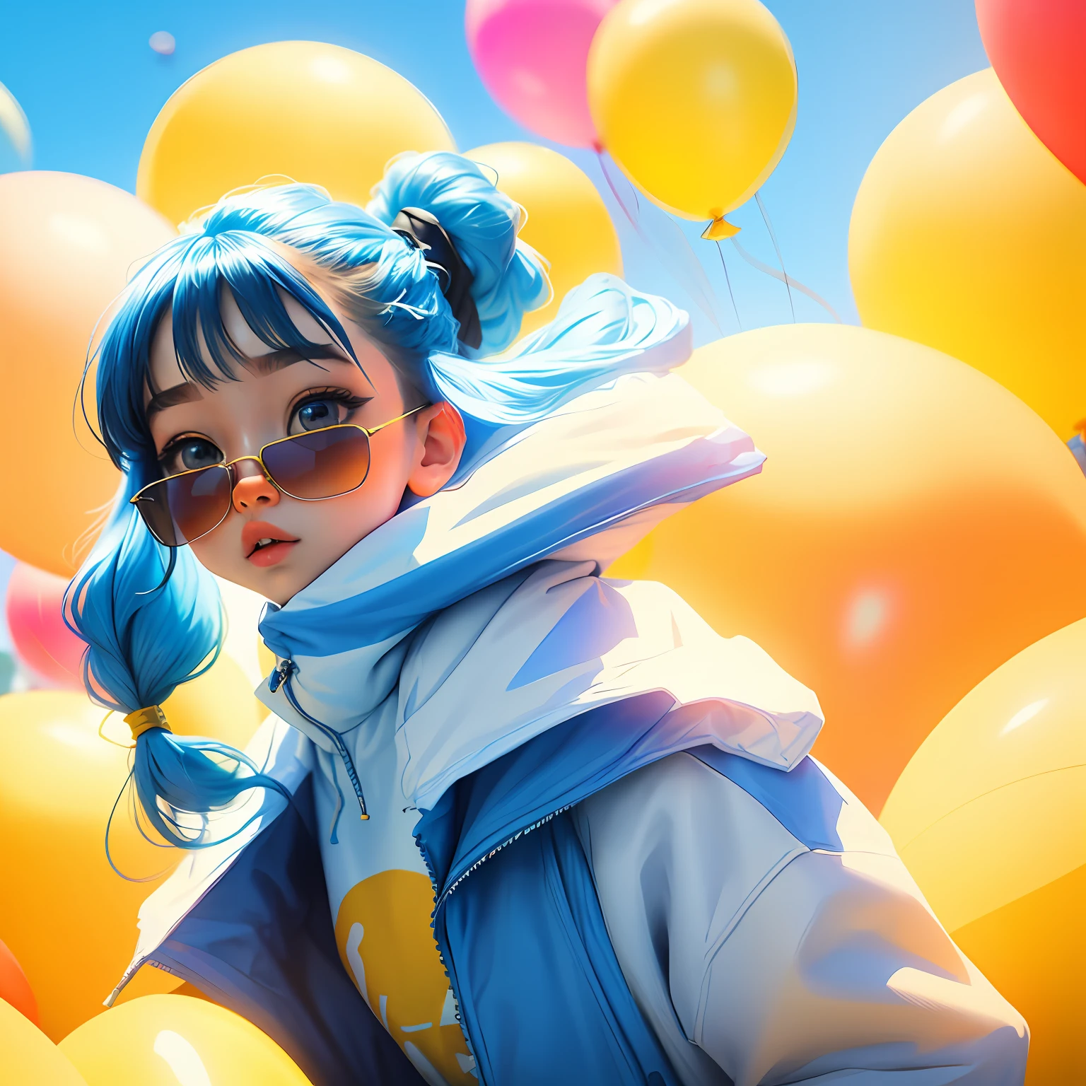 Loli girl, beautiful and cute, wearing blue sunglasses, yellow jacket, white sweatshirt, lots of colorful balloons, , chibi style, red and blue two-color hair, ponytail braided hair, perfect detail eyes, delicate face, perfect CG, HD picture quality, colorful balloons, sky,