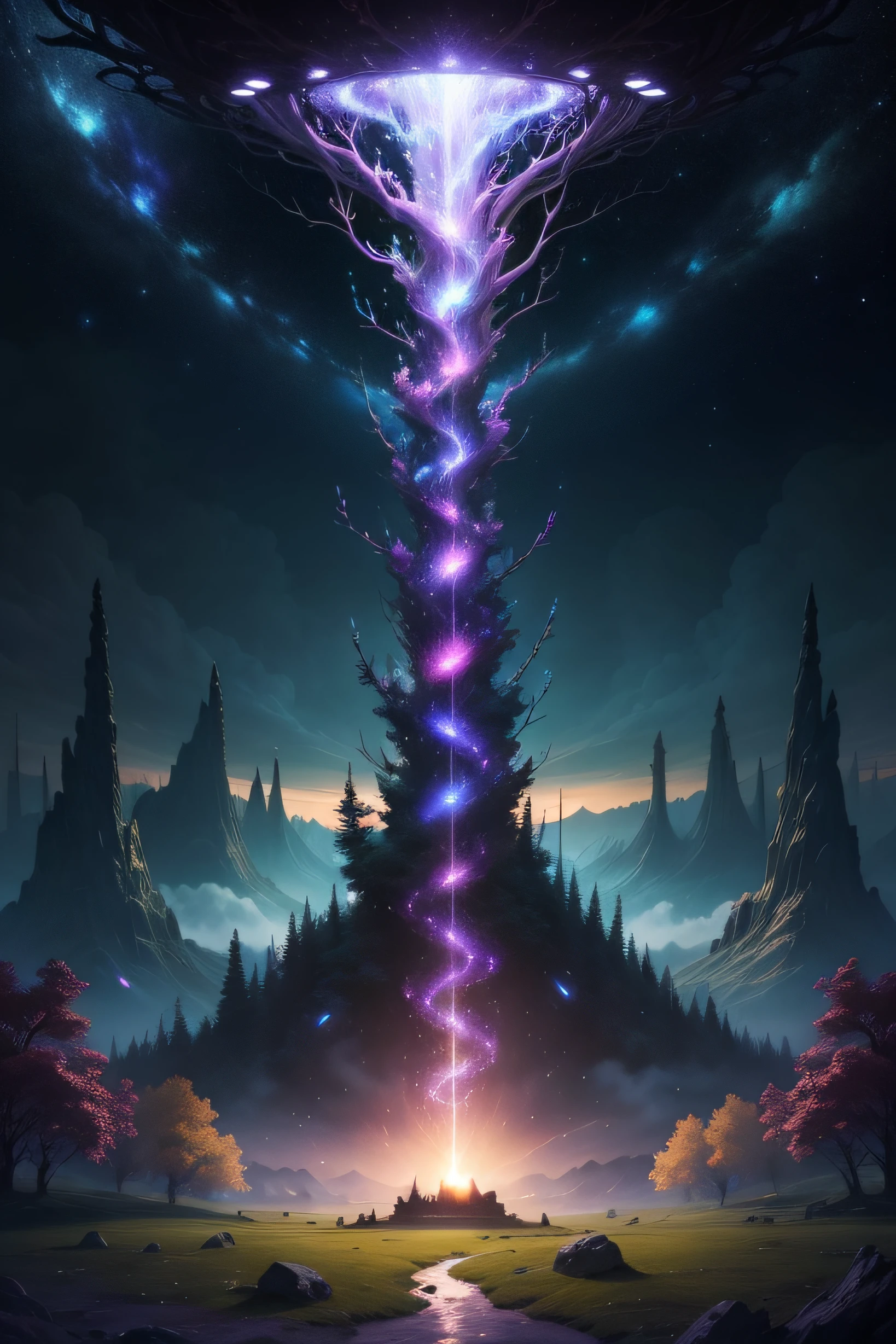 A surrealist one、Otherworldly、Illustration of the super sky scene,Including a huge crystal tree all over the body、Very detailed and magical lighting、Intricate forest details、Vegetation and surrounding rivers、Solar punk、scenecy、giant tree、Beautiful green leaves、Beautiful lighting and realistic proportions,As if it were a movie backdrop,8k,HighestQuali,tmasterpiece,Clouds and stars in the sky。
Expansive landscape photograph,(look from down,Above is the sky,Below are open fields),(moon full:1.2),(meteors:0.9),(Starcloud:1.3),Far Mountain, Tree BREAK making art,(Warm light source:1.2),(glowworm:1.2),lamp lights,Lots of purple and orange,Complicated details,Volumetriclighting,Realism BREAK(tmasterpiece:1.2),(best qualtiy),4K,Ultra-detailed,(dynamic compositions:1.4),The is very detailed,Colorful details,(Irridescent color:1.2),(luminouslighting,Atmospheric lighting),dream magical,magical,(独奏:1.2),((best qualtiy)), ((tmasterpiece)), (the detail:1.4),depth of fields,maximum definition and sharpness,perfectly proportions