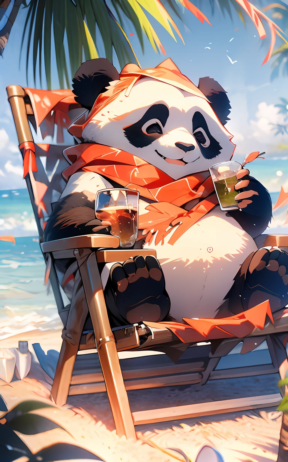 Inside the torus canvas，cute panda,Outdoors,group portraits,facial closeups,holding a drink,Hat,Fluffy,leafs，Red scarf,No Man,Scarf,Coconut Tree,MG Xiongmao,with petals falling,laying on the chair,sky,Cloud,seagulls,