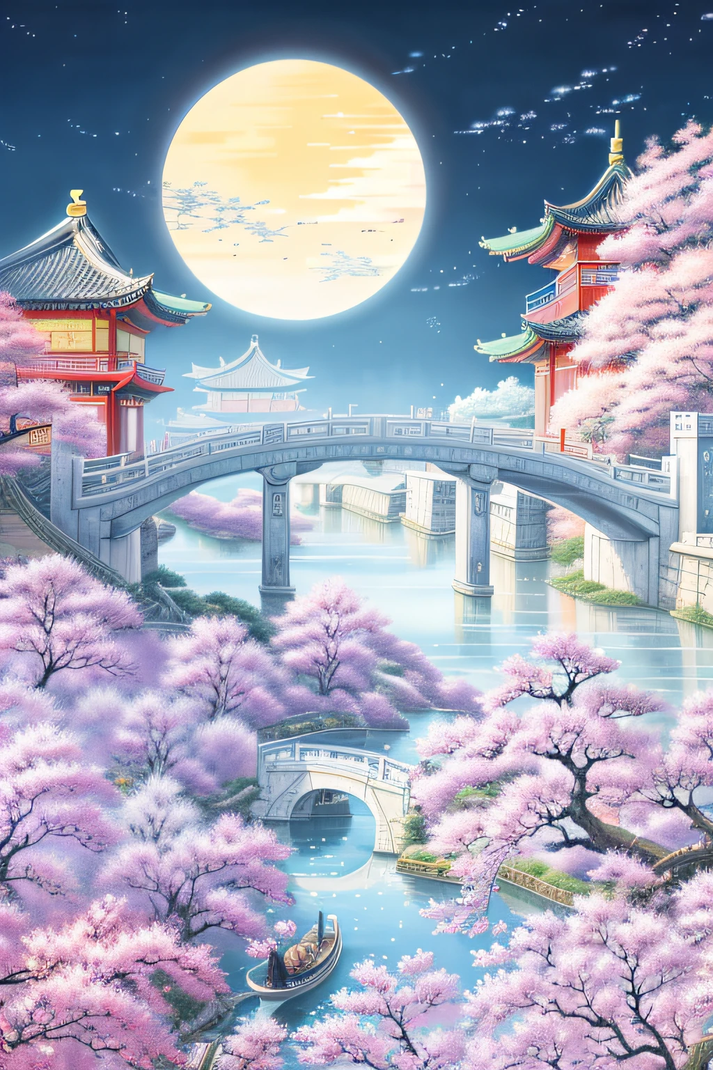 There is a painting，A cat sits on a bridge, Anime background art, dreamy Chinese towns, landscape artwork, Japanese art style, Beautiful rendering of the Tang Dynasty, Detailed scenery —width 672, anime backgrounds, oriental wallpaper, 8K high quality detailed art, dream scenery art, Landscape wallpaper aesthetics, scenery art detailed, background artwork