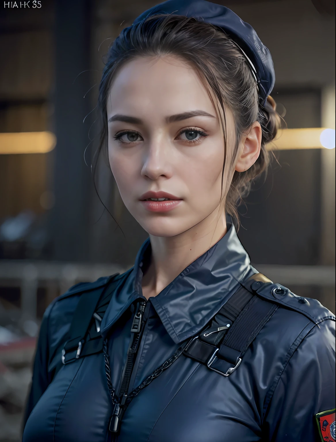 (8k, RAW photos, top quality, masterpiece: 1.2), (realistic, photorealistic: 1.37), (close up:1), (1 super beautiful girl), (slender and perfect figure), disheveled middle updo hair, professional lighting, photon mapping, (ultra detailed skin), (wearing dark blue nylon suit likes police uniform, military harness, yellow military beret), (normal breasts), ((bring machinegun H&K MP5)), serious, fires, smokes, destroyed buildings,