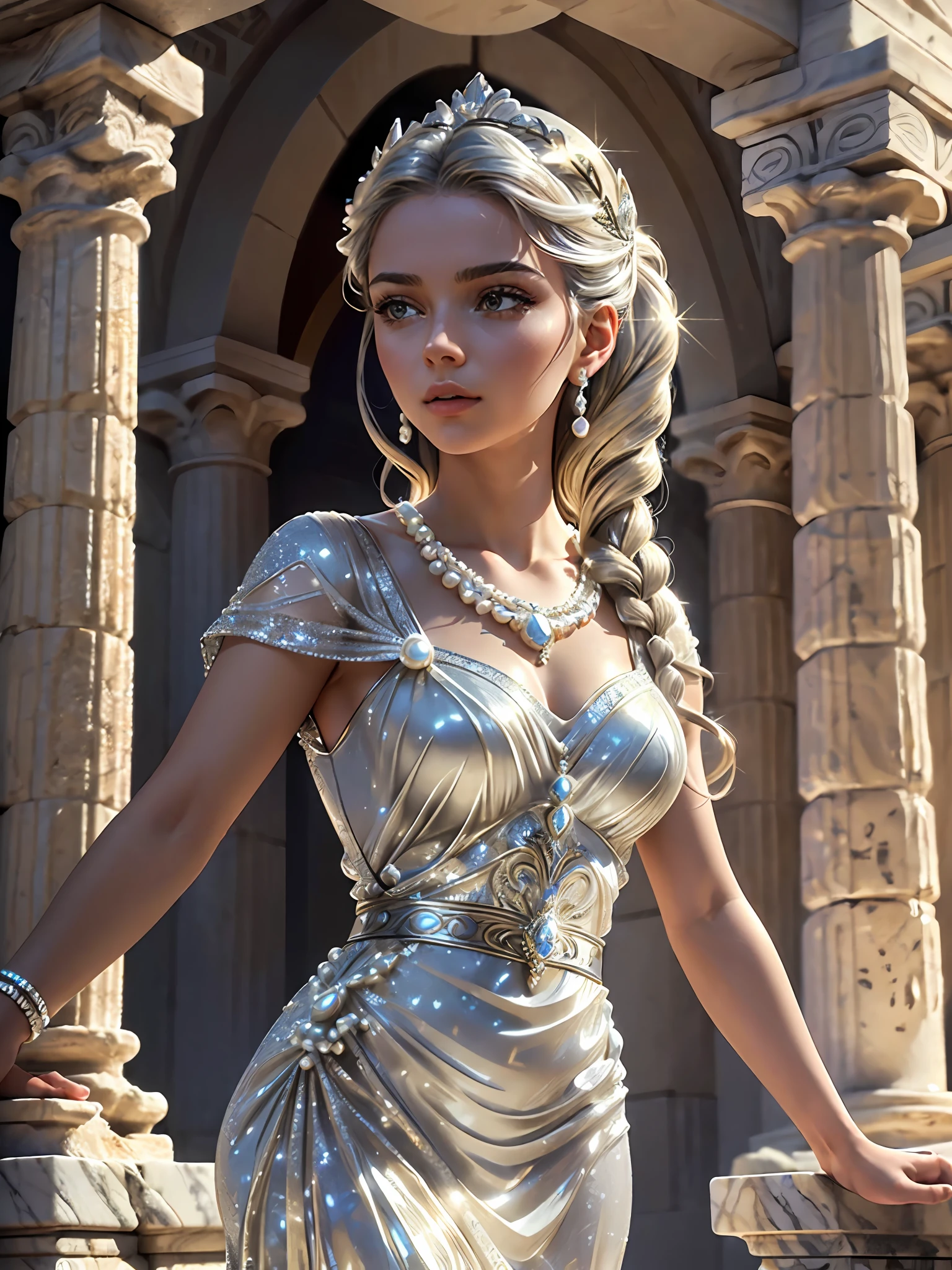 (masterpiece), (best quality), ((ultra-detailed)), (highly detailed analog style photo), natural lighting, photorealistic, extremely beautiful young lady in the marble rocks, dramatic pose, intricate detailed silver glittering ancient greek style pearl dress, shining, gloss, crisp, flirty, epic, focus, artistic, very bright, intricate hairstyle, pattern, bas-relief, cinematic shot