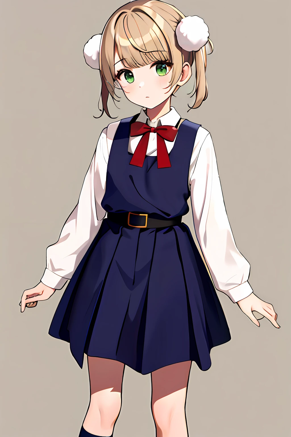 masterpiece, best quality, highres, ui3, 1girl, solo, green eyes, pom pom \(clothes\), pinafore dress, white shirt, white socks, long sleeves, aged down, short hair, belt, red bowtie, bangs, school uniform, blue dress, collared shirt, cowboy shot,