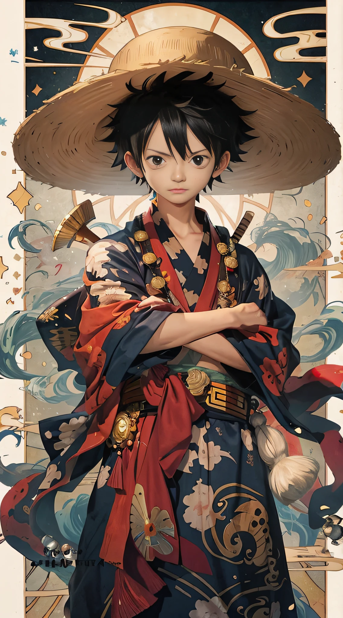 A man in a hat and kimono stands in front of a painting, inspired by Eiichiro Oda, Eiichiro Oda style, style of eiichiro oda, author：Joichiro Oda, inspirado em Okumura Masanobu, An anime cover, Luffy, luffy dressed as naruto, Official anime artwork, Luffy (One Piece, author：Tite Kubo, One Piece style