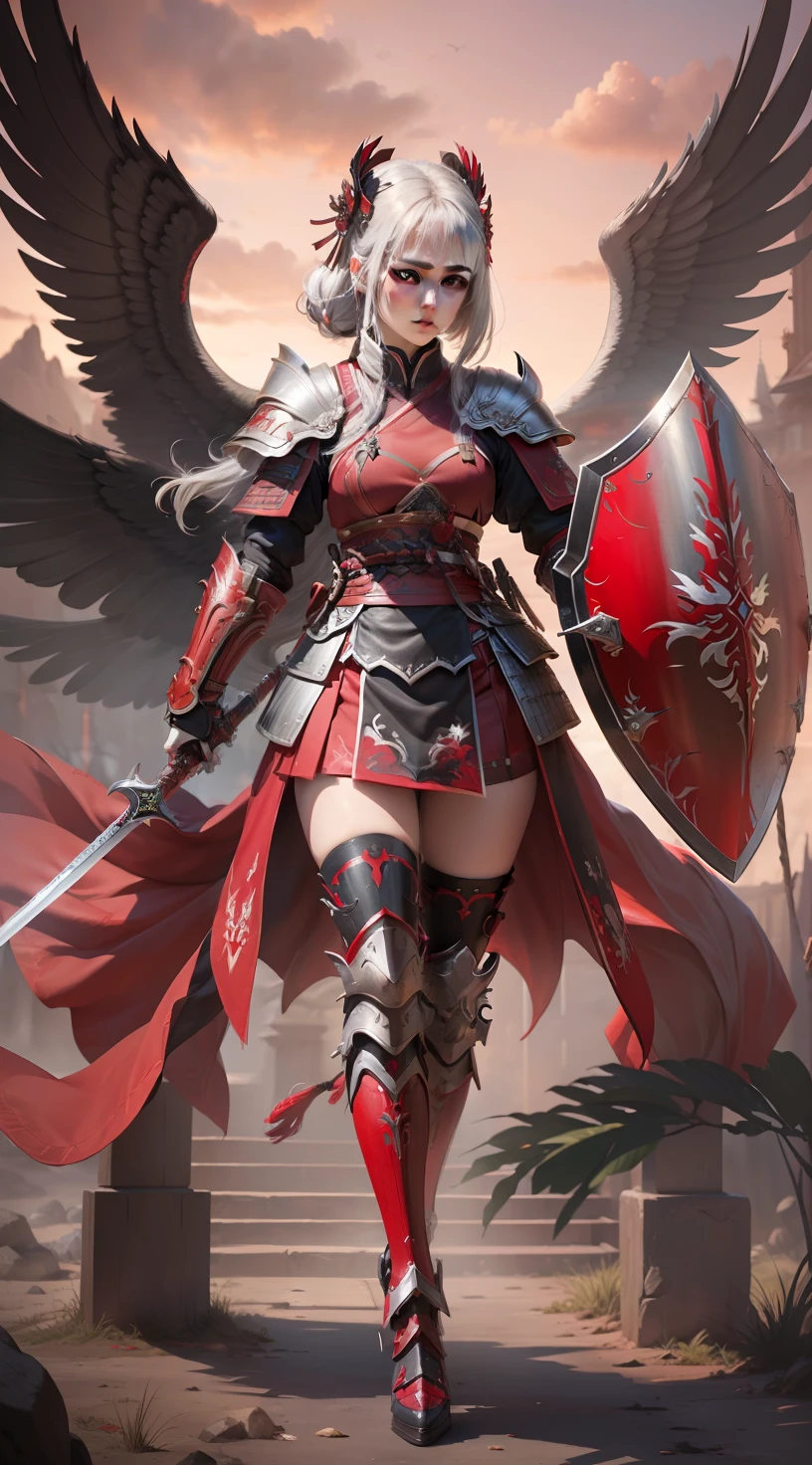 (best quality, masterpiece:1.1), (realistic:1.4), 1girl, beatifull natural face, silver hair, dark red sword in right hand, red and black heavy shield in left hand, shogun armor, using shogun helm, red and black 6 wings, ultra detailing