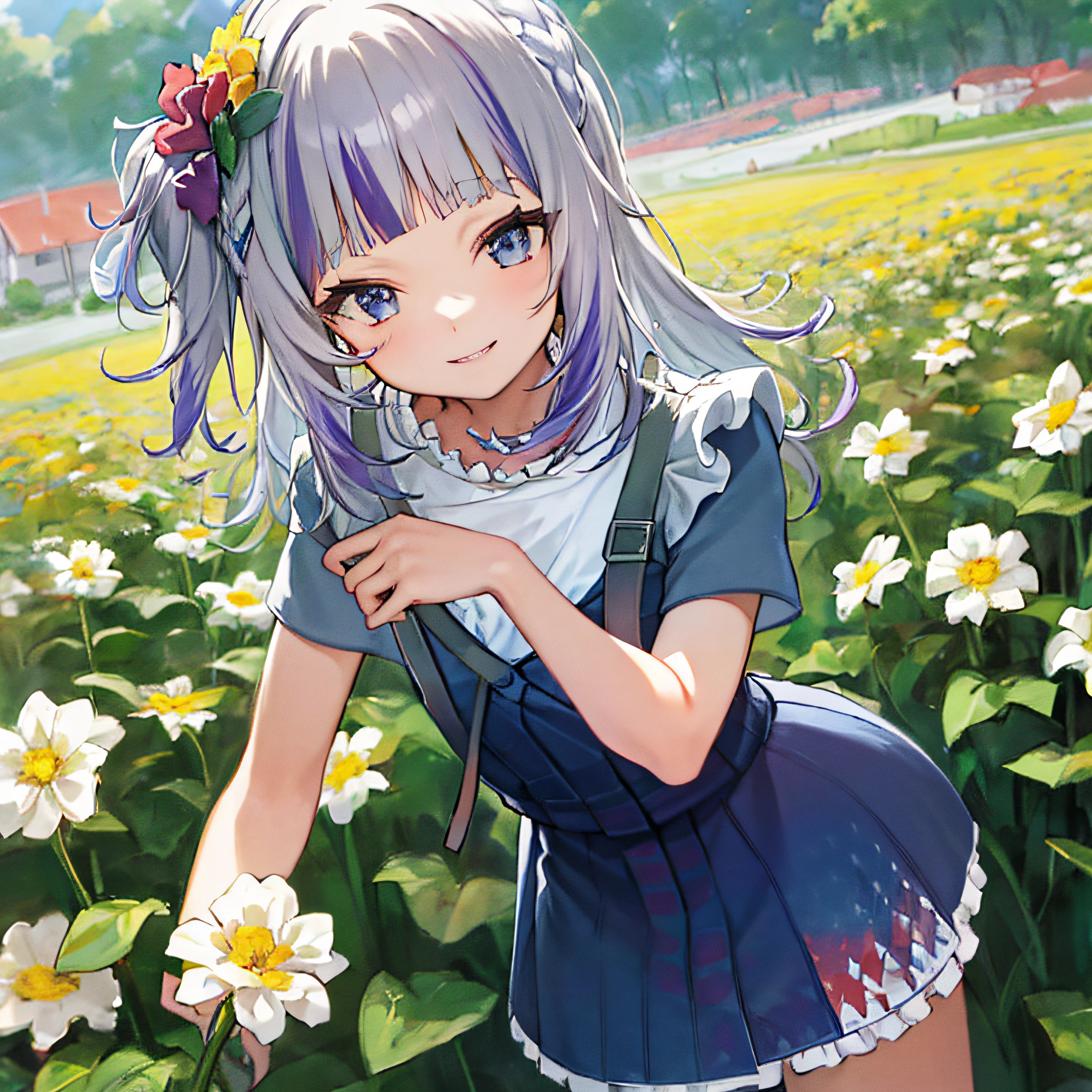 tmasterpiece， A high resolution， Best quality at best， ultra - detailed， Perfect litthing， gawrgura， frill dress， ssmile， （（rays of sunshine））， （（flower  field））， detailedbackground，Purple colored hair