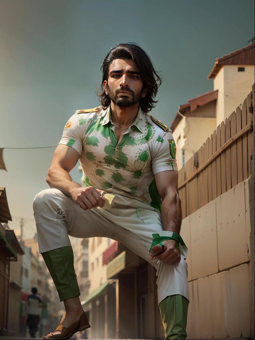 Picture a heartwarming scene of a man standing tall and proud, holding the Pakistani flag in his hand. He is dressed in a traditional Pakistani outfit, embodying the essence of "Jash e Azadi." The backdrop is a picturesque street adorned with vibrant decorations, representing the festive spirit of independence. Behind the man stands a magnificent and gleaming luxury car, symbolizing progress and prosperity. This captivating setting captures the pride and unity as we celebrate our nation's independence. 🇵🇰🚗