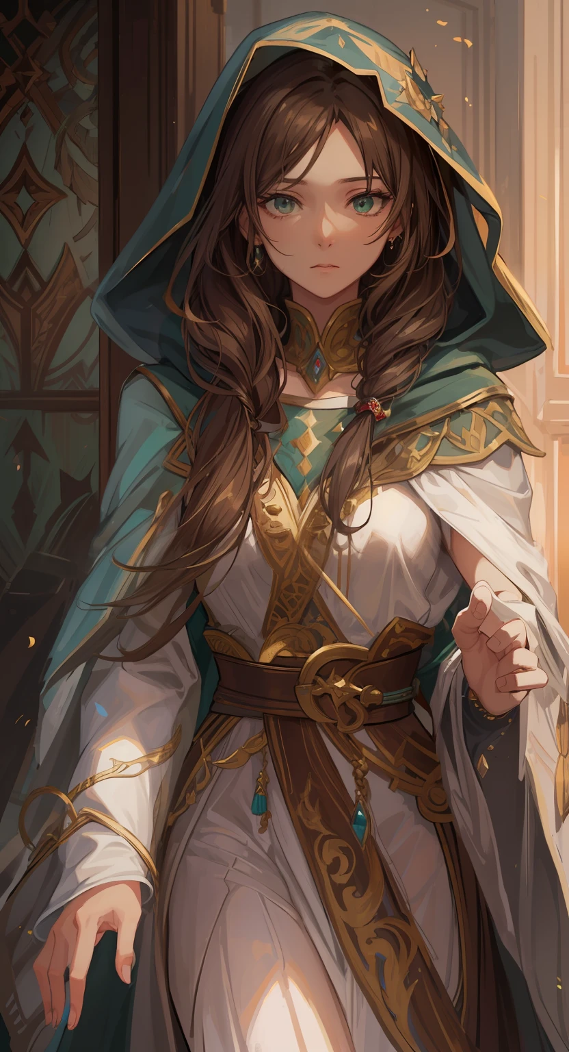 A beautiful flushed woman with green eyes and brown hair she is a sorceress wearing white and gold noble robes With Hood A princess of magic and a sad look of dramatic concern Expressive Walking to the door waving An art for an RPG A medieval art for RPG
