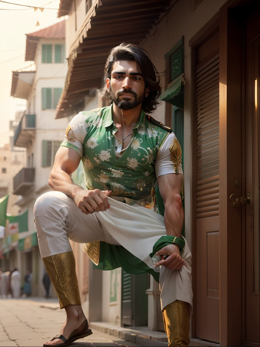 Picture a heartwarming scene of a man standing tall and proud, holding the Pakistani flag in his hand. He is dressed in a traditional Pakistani outfit, embodying the essence of "Jash e Azadi." The backdrop is a picturesque street adorned with vibrant decorations, representing the festive spirit of independence. Behind the man stands a magnificent and gleaming luxury car, symbolizing progress and prosperity. This captivating setting captures the pride and unity as we celebrate our nation's independence. 🇵🇰🚗