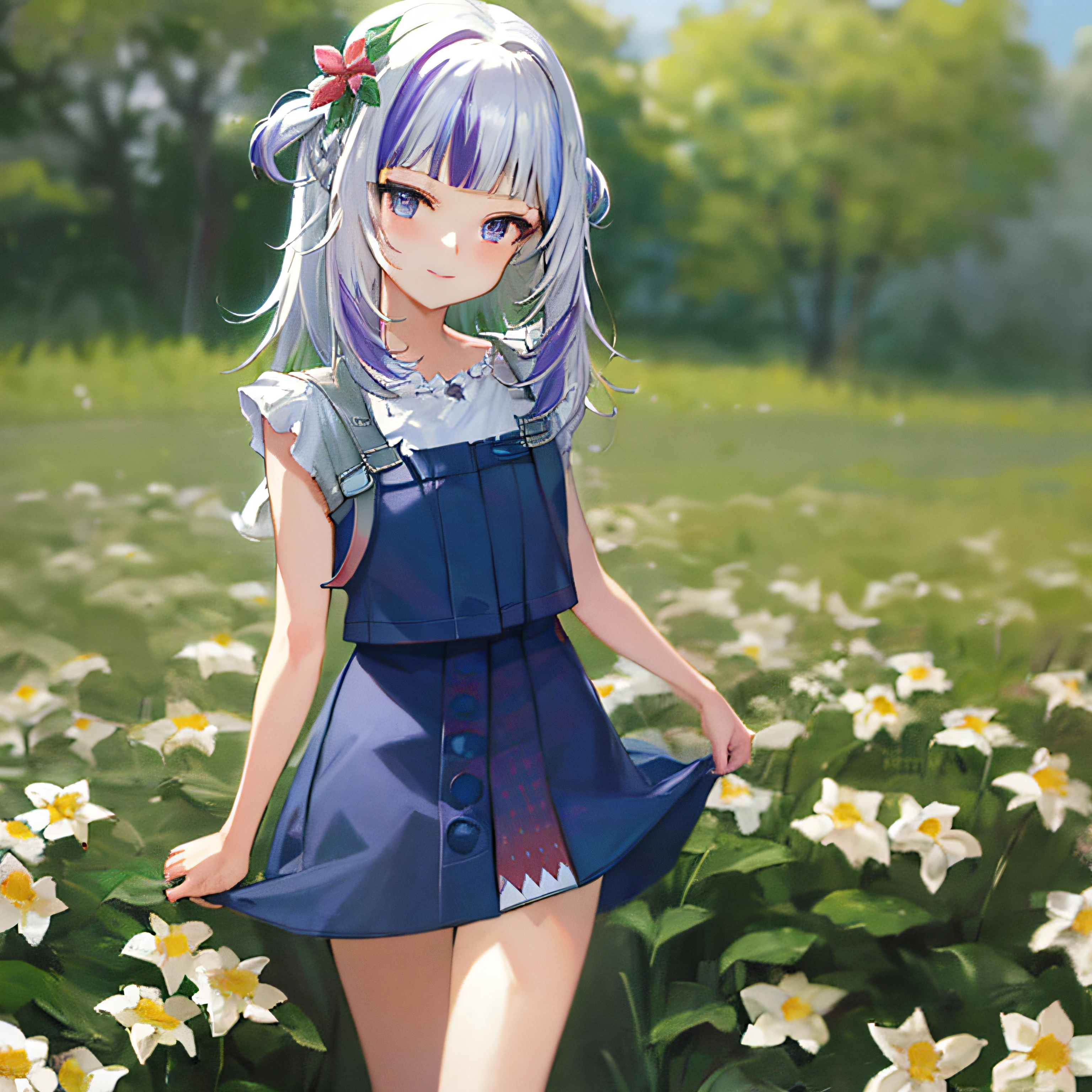 tmasterpiece, A high resolution, Best quality at best, ultra - detailed, Perfect litthing, gawrgura, frill dress, ssmile, ((rays of sunshine)), ((flower field)), detailedbackground,Purple colored hair