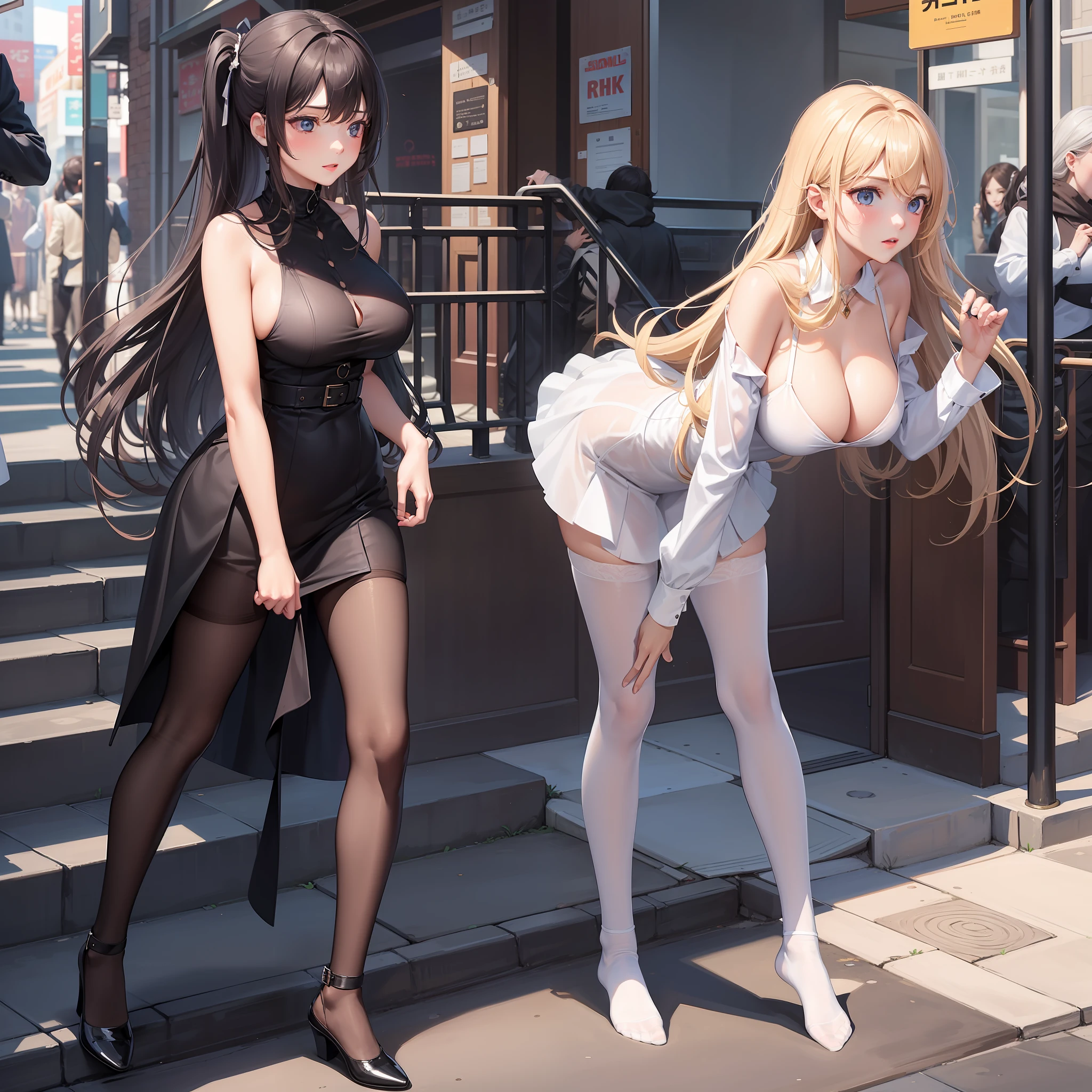 tmasterpiece，best qualtiy：1.4），Smooth movement，（2girls），（highest details），lacepantyhose，without wearing shoes，Whole body diagram，taking a walk，The kinky is exposed，big breasts exposed cleavage，Climb stairs，城市，Community。crowd of，Onlookers