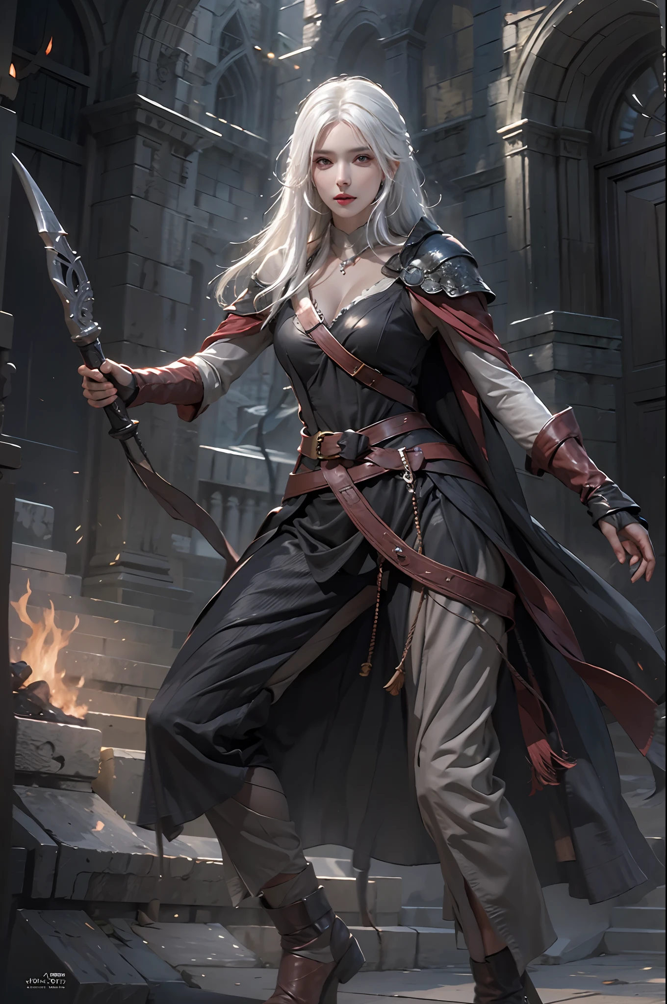 photorealistic, high resolution, 1women, solo, hips up, look at viewer, (detailed face), white hair, sorcerer, dark souls style, fighting, jewelry