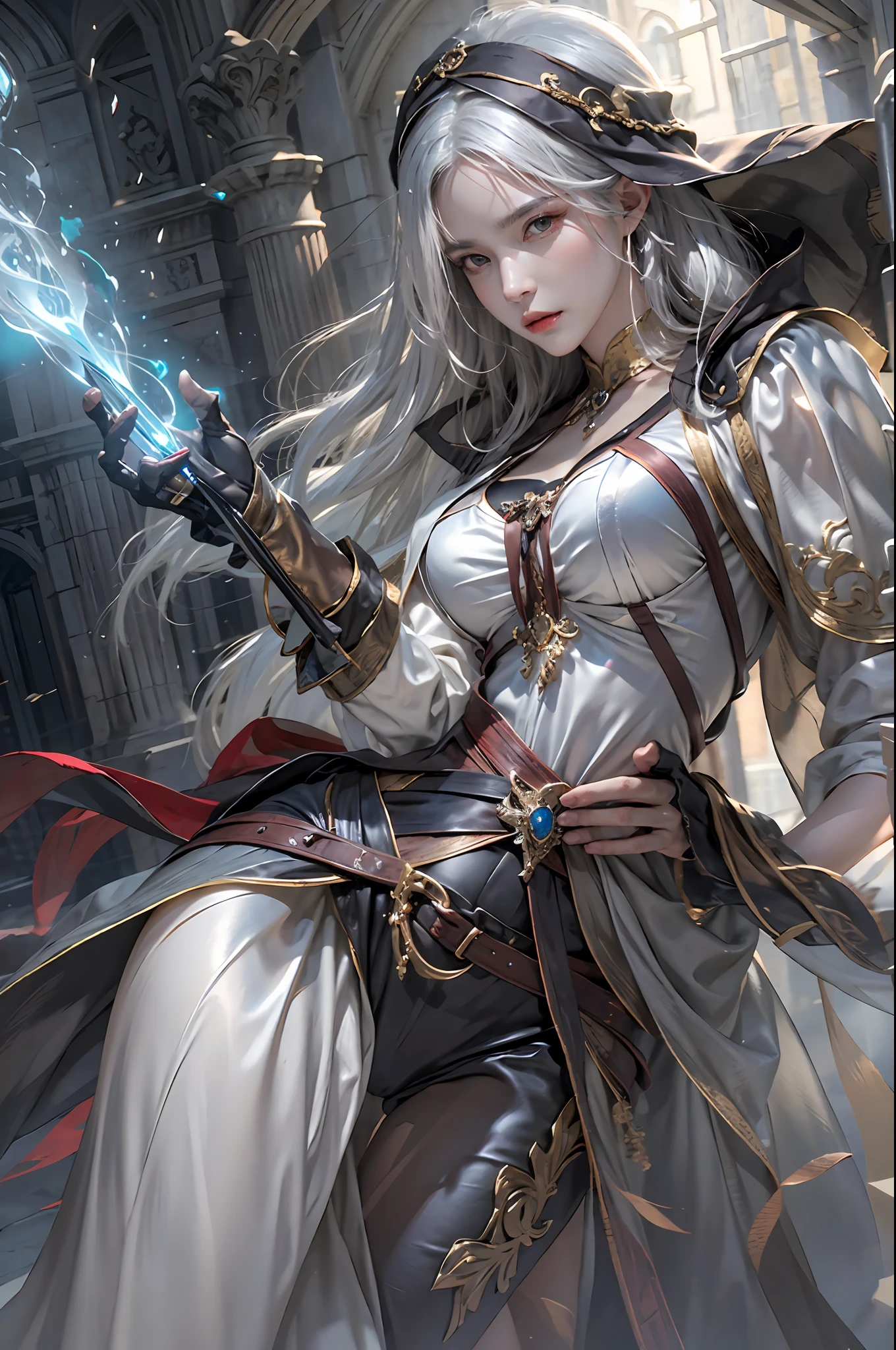 photorealistic, high resolution, 1women, solo, hips up, look at viewer, (detailed face), white hair, sorcerer, dark souls style, fighting, jewelry