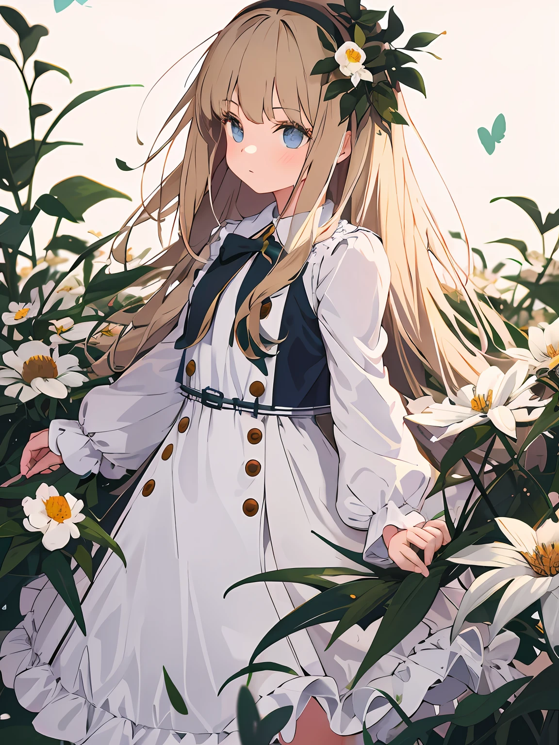 Masterpiece, best quality, girl in soft clothes, girl looking at the endless flower field