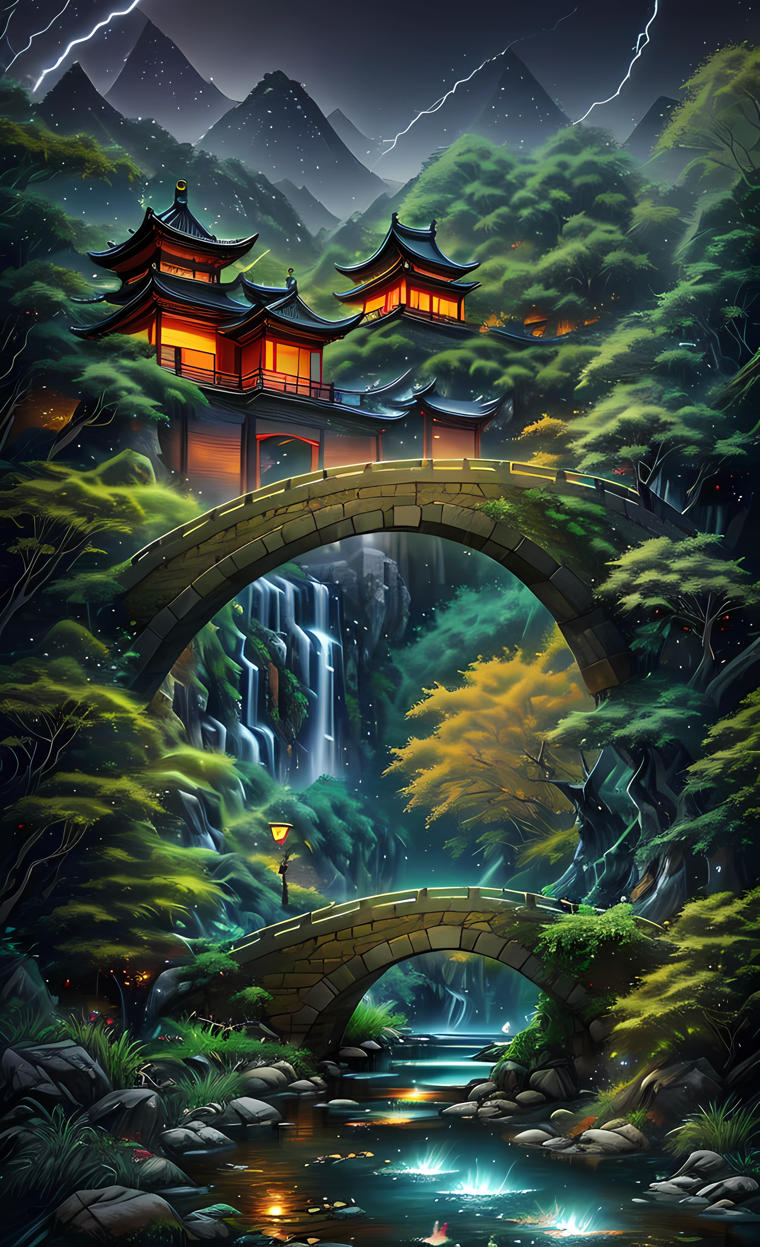 ((diffuse colors)) Ancient Chinese architecture, cool colors, dark night, moon, garden, bamboo, lake, stone bridge, rockery, arch, corner, tree, running water, landscape, outdoor, waterfall, grass, rock, intense rainfall, thunderstorm, vines all around, giant and wet trees, with glowing leaves in the trees, glowing fireflies and glowing particle effects, masterpiece, best quality, high quality, extremely detailed CG unity 8k wallpaper, oil paiting, award winning photography, Bokeh, Depth of Field, HDR, bloom, ,Photorealistic,extremely detailed, trending on artstation, trending on CGsociety, Intricate, High Detail, dramatic, art by midjourney, volumetric lighting