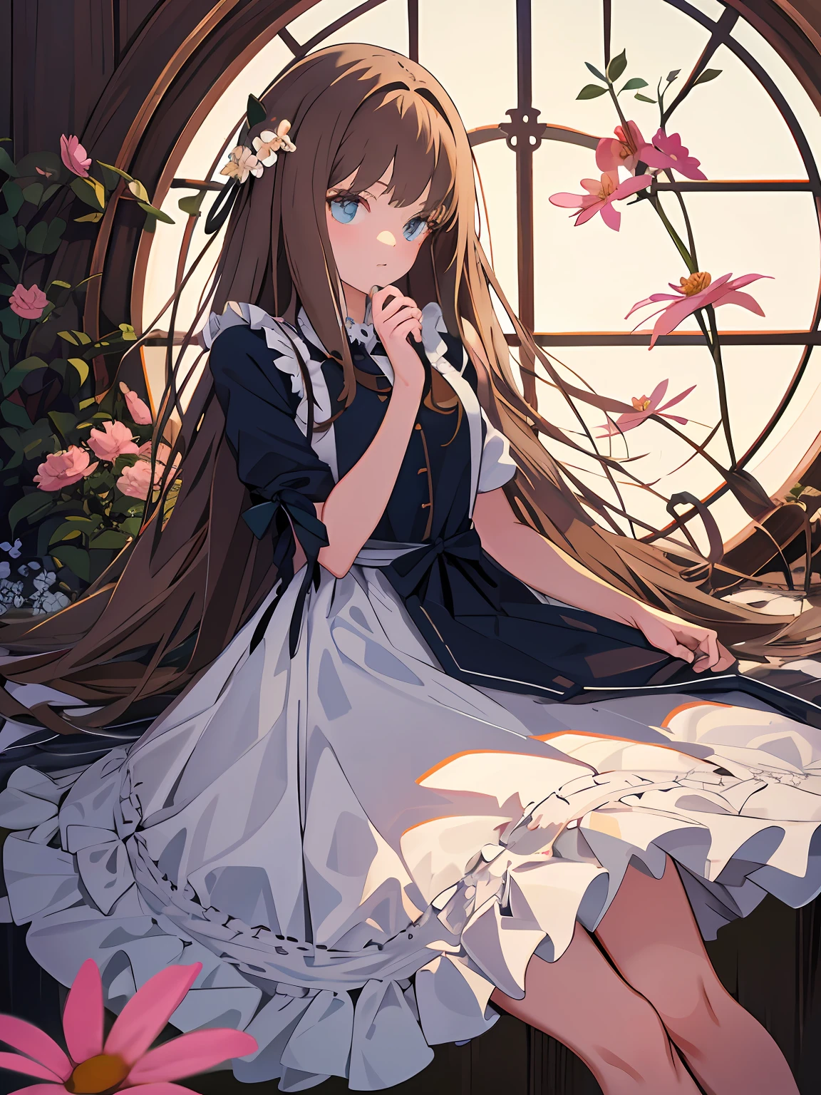 Masterpiece, best quality, girl in soft clothes, girl looking at the endless flower field