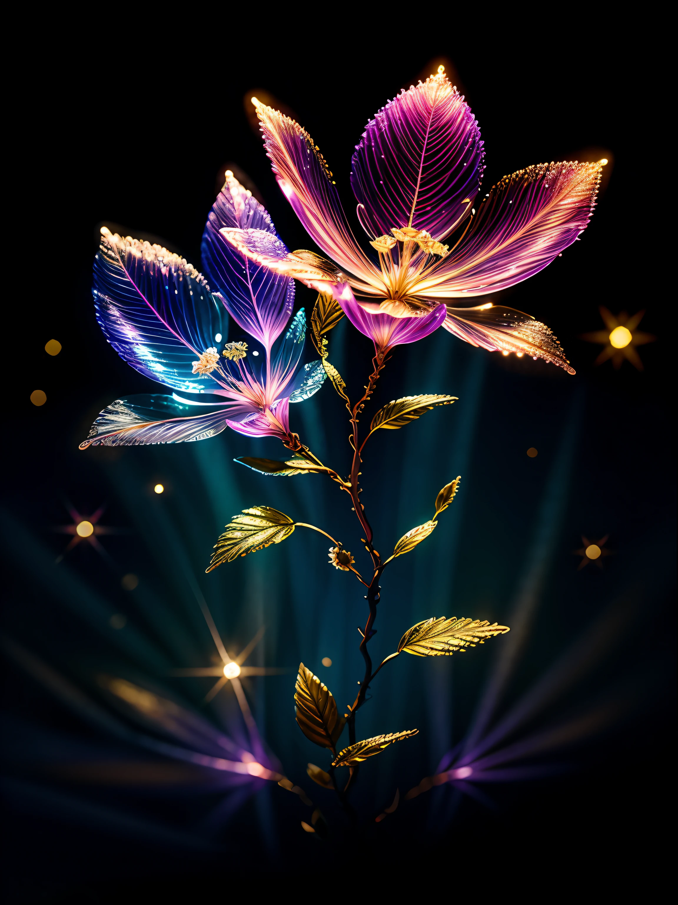 branch of delicate lilac flowers, super transparent, holy light, beautiful spectral light, petals glow, flashing, dark background, drops of transparent light, reflective light, bright, light streaming in, optics, portrait profile, sharp focus, magical, intricate, ultra realistic, fantasy, composition, light, trend on artstation, pearl, patronus cloud of silvery vapor, corrosive enveloping ray family, 8k, ureal ar 23v4 uplight