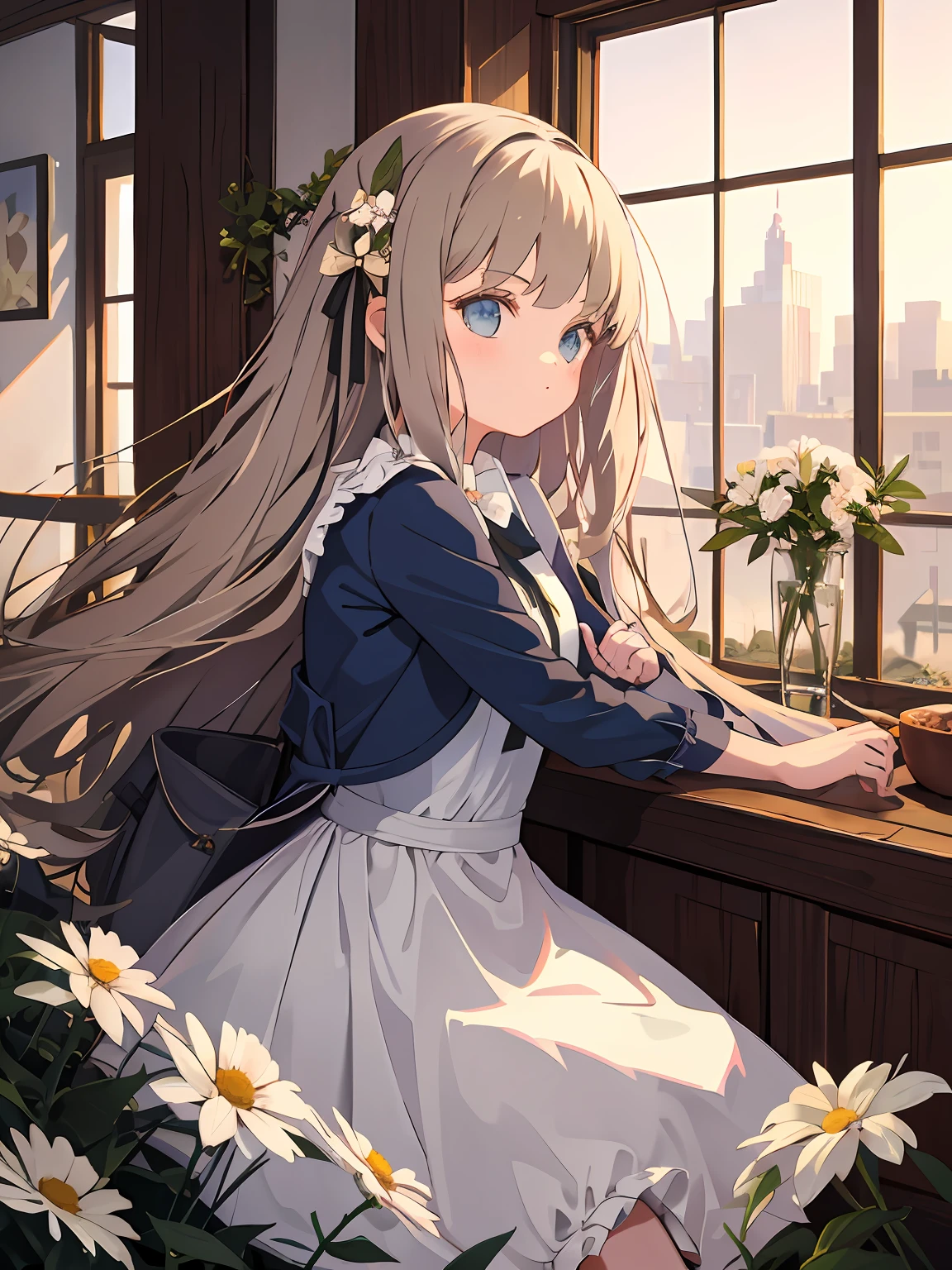 Masterpiece, best quality, girl in soft clothes, girl looking at the endless flower field