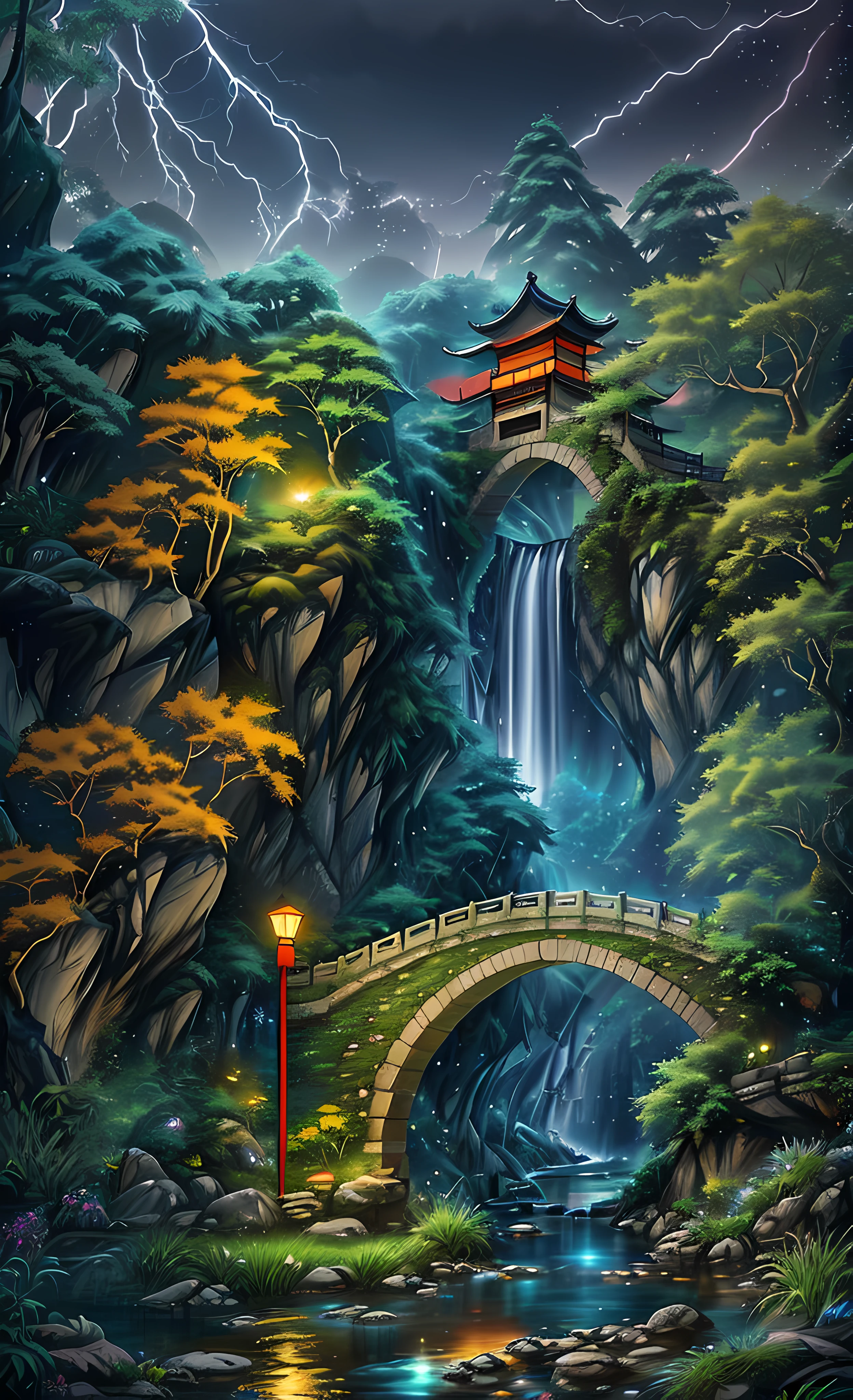 ((diffuse colors)) Ancient Chinese architecture, cool colors, dark night, moon, garden, bamboo, lake, stone bridge, rockery, arch, corner, tree, running water, landscape, outdoor, waterfall, grass, rock, intense rainfall, thunderstorm, vines all around, giant and wet trees, with glowing leaves in the trees, glowing fireflies and glowing particle effects, masterpiece, best quality, high quality, extremely detailed CG unity 8k wallpaper, oil paiting, award winning photography, Bokeh, Depth of Field, HDR, bloom, ,Photorealistic,extremely detailed, trending on artstation, trending on CGsociety, Intricate, High Detail, dramatic, art by midjourney, volumetric lighting