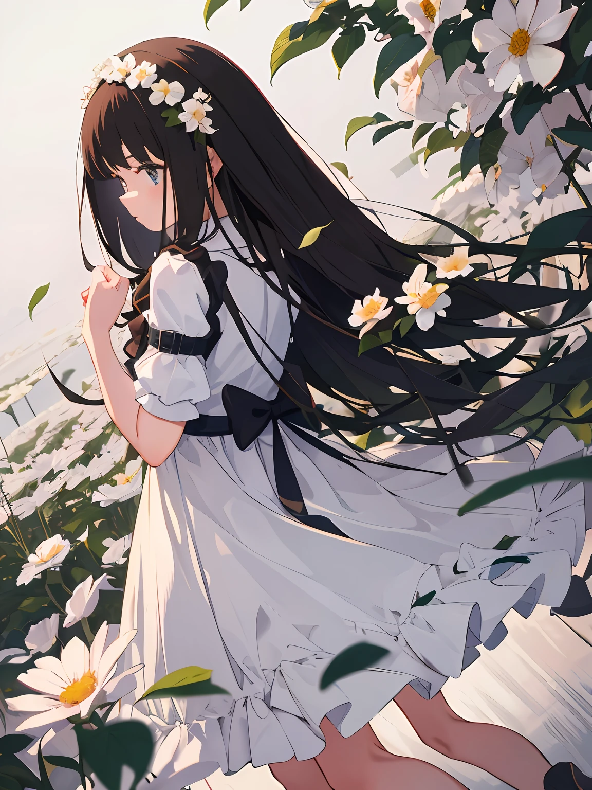 Masterpiece, best quality, girl in soft clothes, girl looking at the endless flower field