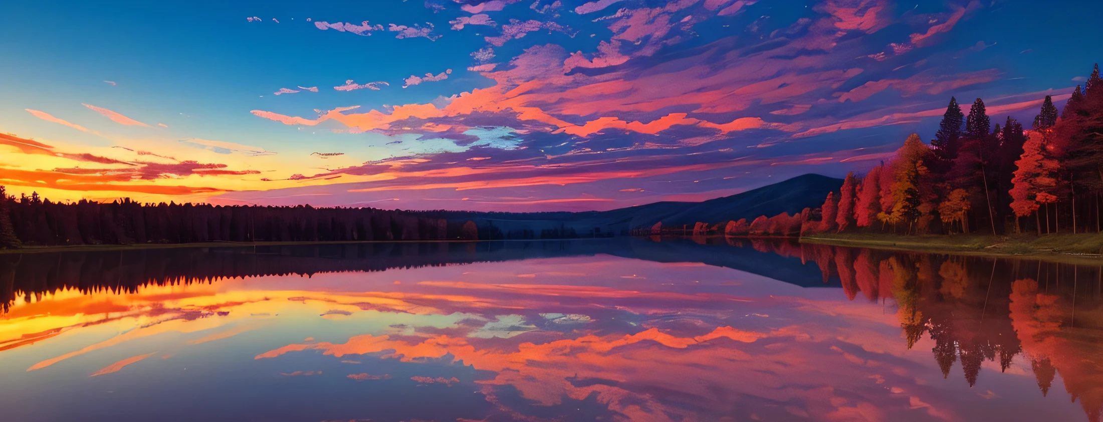 there is a beautiful sunset with a lake and trees in the background, colorful skies, surreal colors, colorful sunset, colorful sky, marvellous reflection of the sky, stunning sky, dream like atmosphere 8k, colorful clouds, colors reflecting on lake, surreal sky, red and blue reflections, fire reflection, beautiful sky, beautiful and spectacular dusk, beautiful dreamy landscape, amazing sky