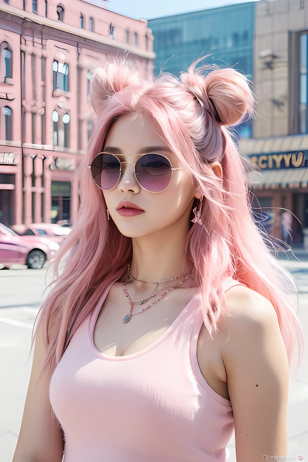 (extra detailed body、extra detailed face、best qualtiy:1.2)、femele、looking at the viewers、(Colorful tank top made of pink-based fur、Pink drape、Round sunglasses、A pink-haired、Fancy piercings、a necklace、Colorful fur hair ornament)、(City with many pink round distorted buildings in the background:1.4)