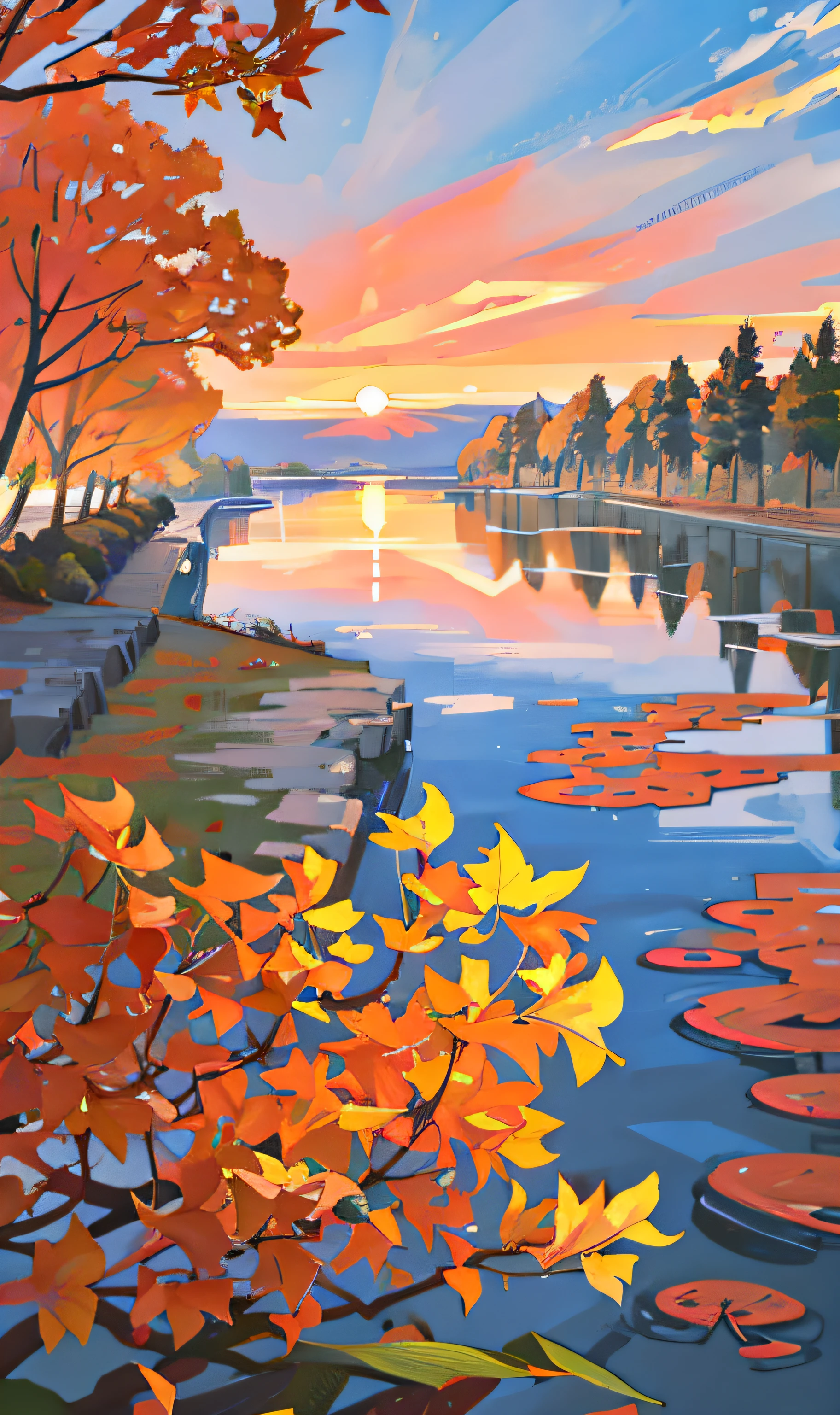 Cloud, Autumn, Autumn leaves, Dusk, embers, Evening, Falling leaves, ginkgo leaf, gradient sky, leaves in wind、maple leaves, Nature, Small rivers, Orange sky, orange color theme, Outdoors, pyrokinesis, Red sky, Reflection, Ripples, scenery, 、 Sun, Sunset, tree, Twilight, water, waterfallr, Wind