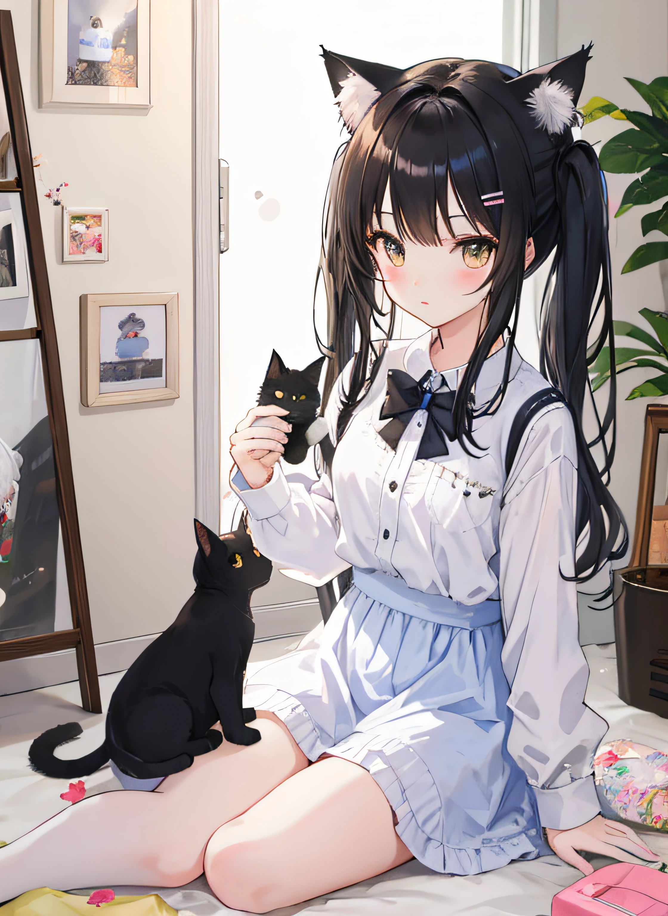 (neko girl),hold a cat,  cute, full of cats, ( full body), Cat litter boxes, cat paintings on the wall, (detailed face),