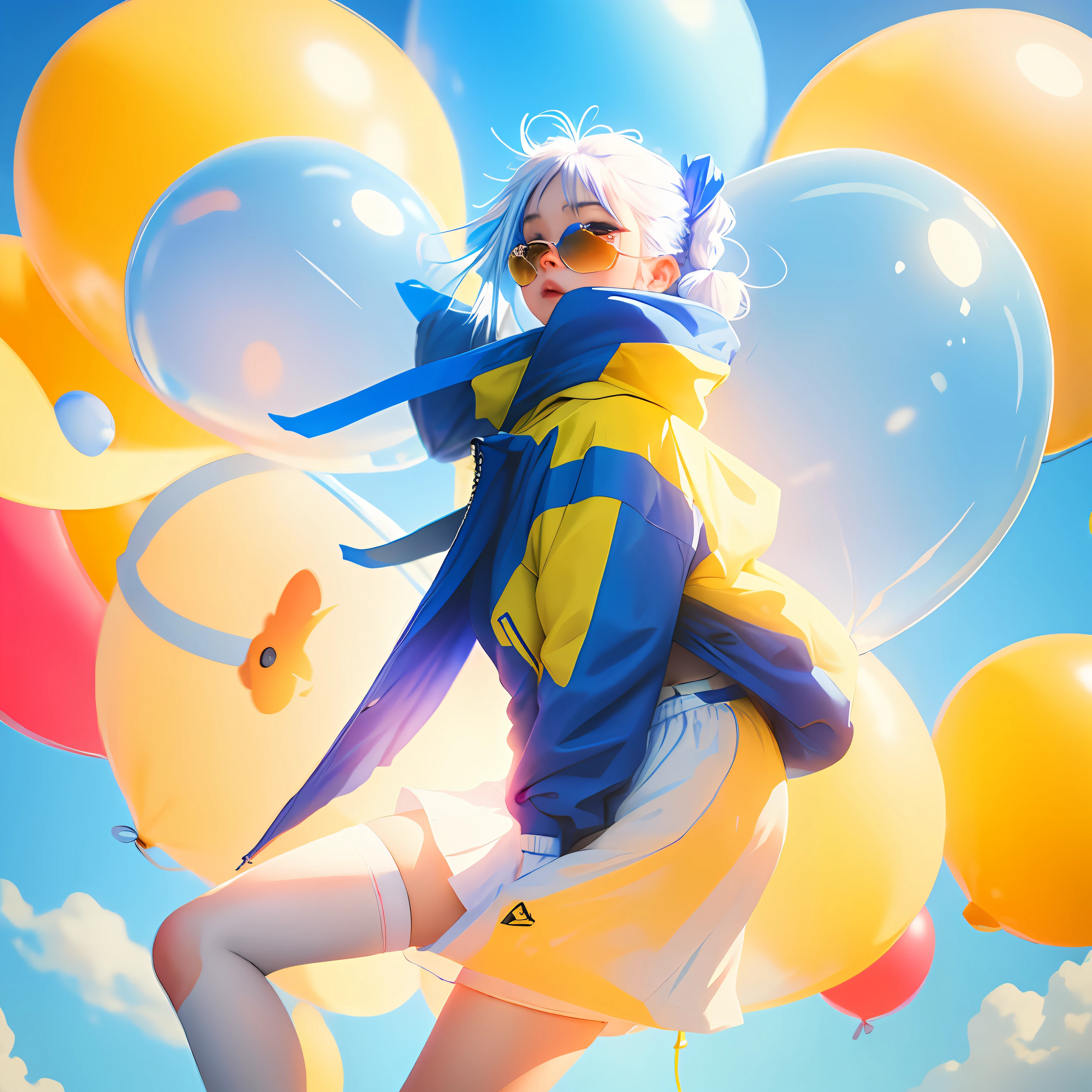Loli girl, beautiful and cute, wearing blue sunglasses, yellow jacket, white sweatshirt, lots of colorful balloons, baby face, chibi style, red and blue two-color hair, ponytail braided hair, perfect detail eyes, delicate face, perfect CG, HD picture quality, colorful balloons, sky,