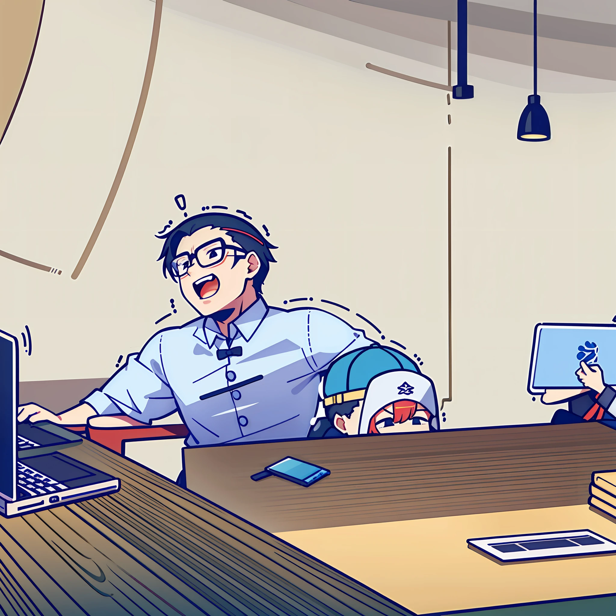 There were two men sitting at a table,Holding a laptop, Without glasses, Yiqiang and Shurakget, jinyiwei, Laughing, mutahar laughing, Wang Qichao, xintong chen, Li Zixin, xiaofan zhang, huifeng huang, author:Zhang Shengqi, Ruan Jia and Fenghua Zhong