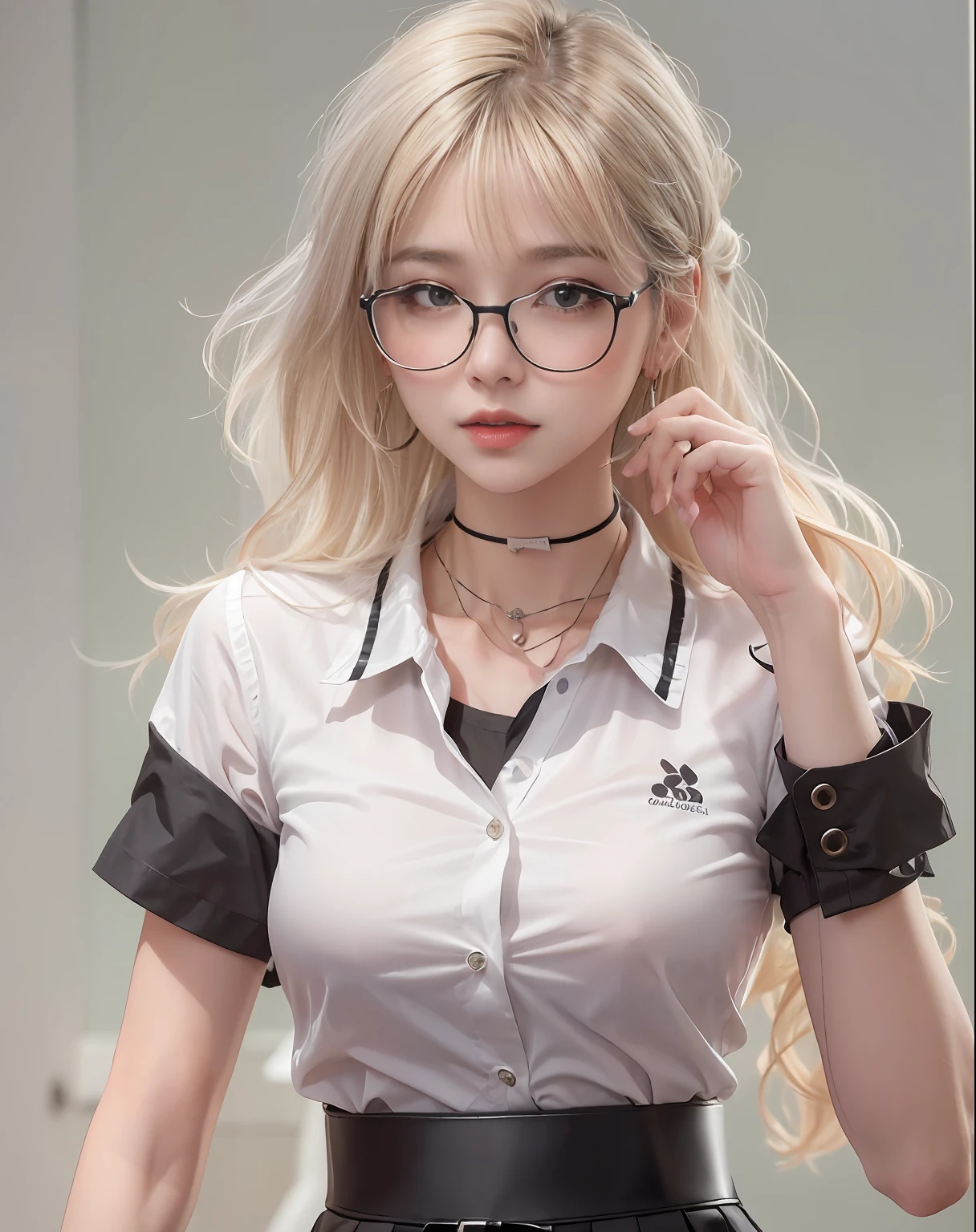 absurdres, 1girl, blush, (realistic:1.5), (masterpiece, Extremely detailed CG unity 8k wallpaper, best quality, highres:1.2), (ultra_detailed, UHD:1.2), perfect illumination, distinct, (1girl:1.4), looking at viewer, unreal engine, sidelighting, perfect face, detailed face, perfect body, beautiful eyes, pretty face, (bright skin:1.4), idol, (abs), ulzzang-6500-v1.1,,((medium breast)),((narrow waist)),(blonde hair),armpit pose, MAHALAIUNIFORM,(((WHITE SHIRT SHORT SLEEVES))),((BLACK polished PENCIL SKIRT)),((BLACK PLEATED SKIRT)),((in the classroom)),(((choker))),((white shirt short sleeves )),((black pencil skirt)),(belt),((standing)),(Full body:1.4),bangs,((glasses)),sharp eyes,peck the corners of the mouth,silver earrings,peck the corners of the mouth