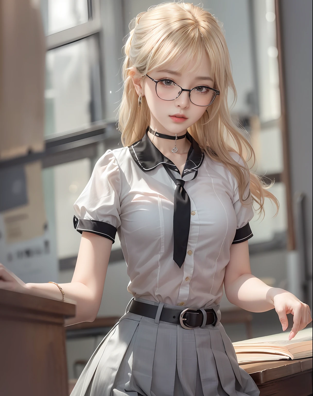 absurdres, 1girl, blush, (realistic:1.5), (masterpiece, Extremely detailed CG unity 8k wallpaper, best quality, highres:1.2), (ultra_detailed, UHD:1.2), perfect illumination, distinct, (1girl:1.4), looking at viewer, unreal engine, sidelighting, perfect face, detailed face, perfect body, beautiful eyes, pretty face, (bright skin:1.4), idol, (abs), ulzzang-6500-v1.1,,((medium breast)),((narrow waist)),(blonde hair),armpit pose, MAHALAIUNIFORM,(((WHITE SHIRT SHORT SLEEVES))),((BLACK polished PENCIL SKIRT)),((BLACK PLEATED SKIRT)),((in the classroom)),(((choker))),((white shirt short sleeves )),((black pencil skirt)),(belt),((standing)),(Full body:1.4),bangs,((glasses)),sharp eyes,peck the corners of the mouth,silver earrings,peck the corners of the mouth