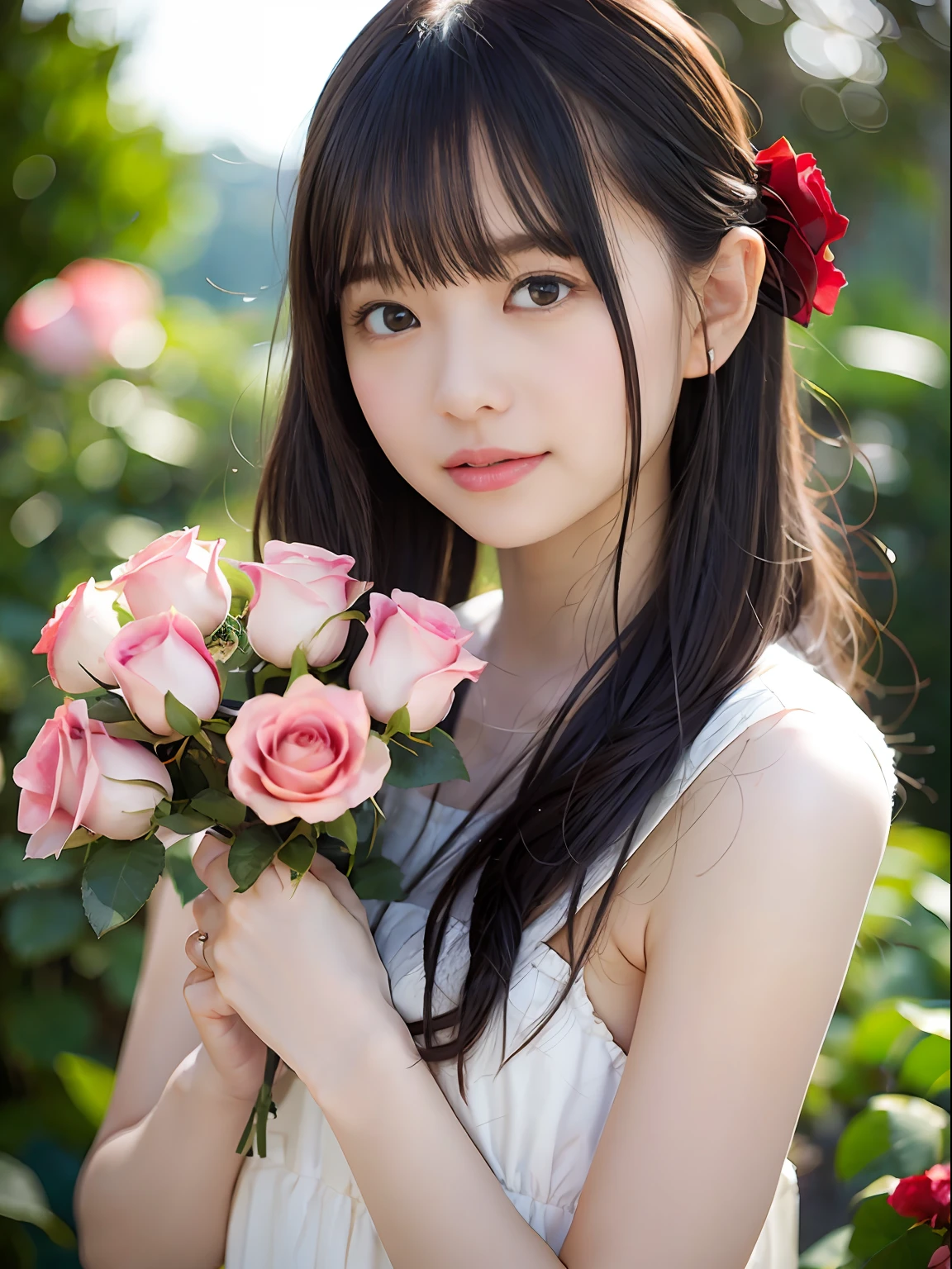 （（（fully body photo））））， （（Single Eyelids））），（（Sunset backlight））），（lens flare glow）），（Wear Republican clothing）），（Super Soft Focus））））））， ssmile， （Configuration file））））， （Upp））， at twilight， Showers， Colorful roses on background， Surrounded by roses， Take roses, For example, For example（（pastel sunset））， （yinchuan：1.5）， tmasterpiece， best qualtiy， RAW photogr， Photorealsitic， the face， beuaty girl，Lovely bouquet of roses in hand， short detailed hair， （（（（depth of fields））））， A high resolution， Hyper-detailing， finedetail， Very detailed， cinmatic lighting