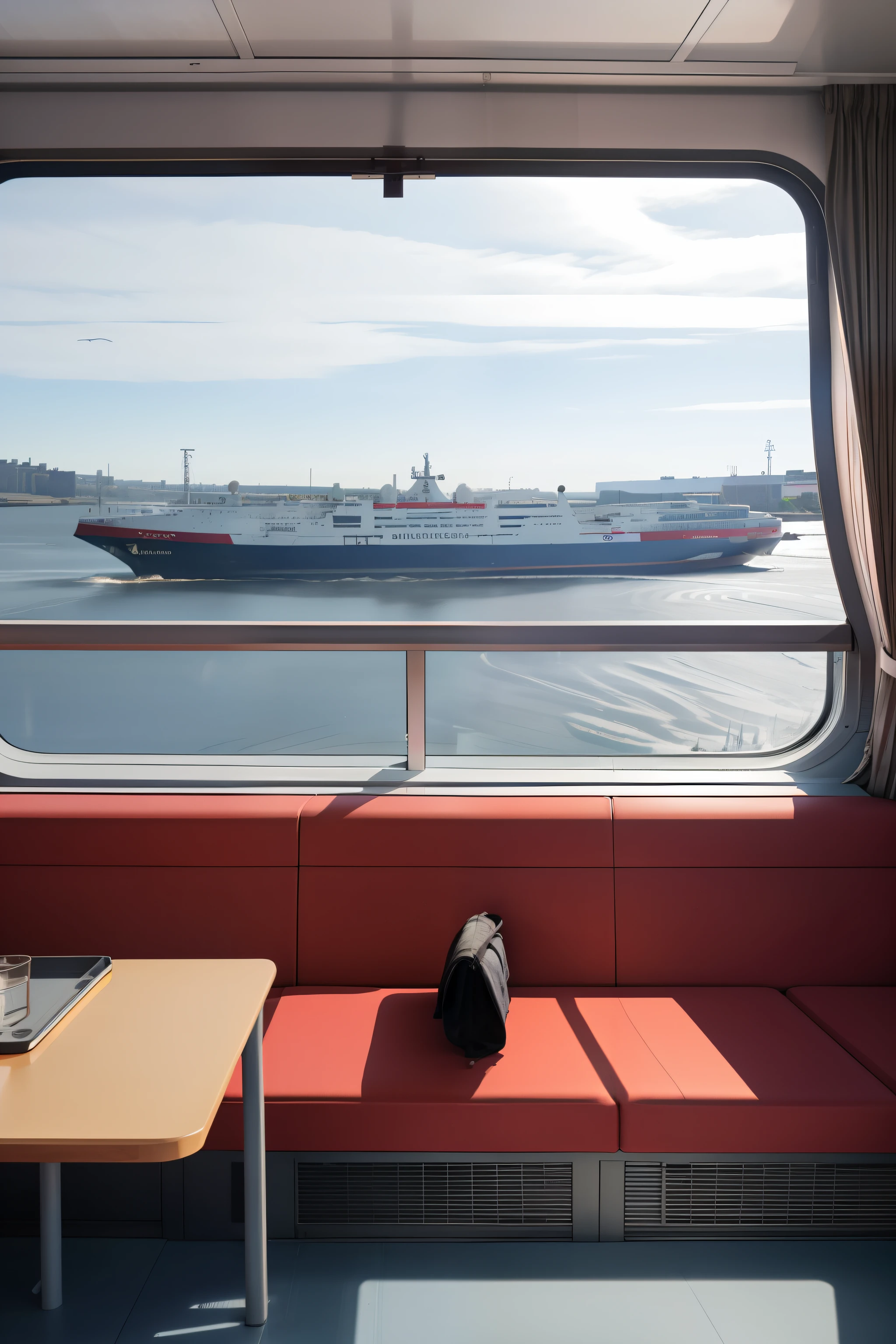 Somi,Look out the huge window from the inside window of the train with red seats,The weather outside the window was sunny,snowfield,Outside the window is Helsinki's harbour,Lots of ships,the birds ,Flow through the carriages, Full of light and shadow
