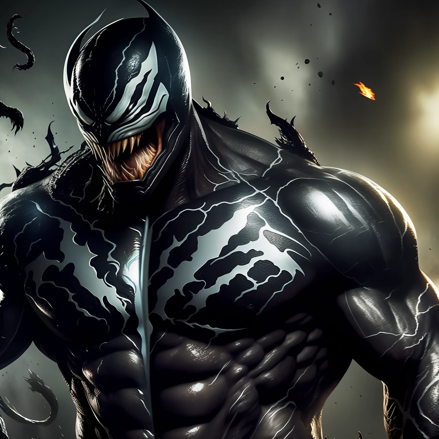 Eddie Brock、Venom、realisitic、rampage、tusk、vhorrified、realisitic、A detailed face、murky、masterpiece、top-quality、Nero、
