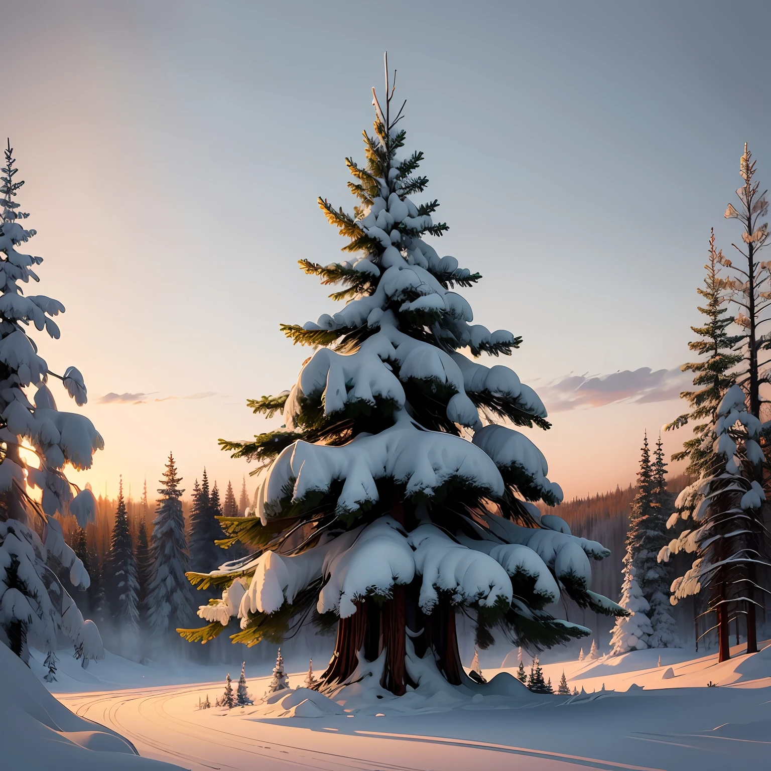 Beautiful spruce in a winter landscape, Simple t-shirt design, RZMinjourney, Delicate vector art. --auto